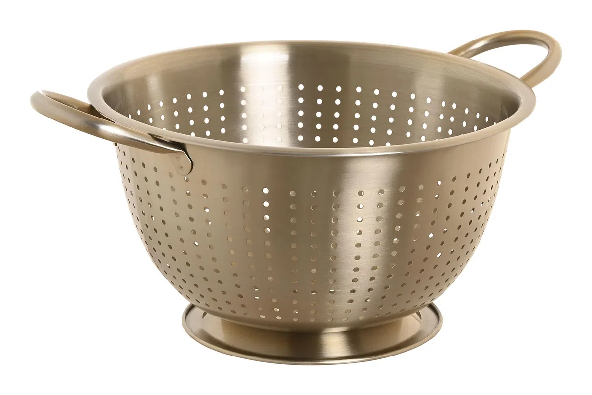 Colador de Cocina de Acero Inoxidable Dorado - Escurridor con Asas y Base - Colador para Frutas, Pasta, Verduras y Alimentos - Utensilio de Cocina Moderno y Estable