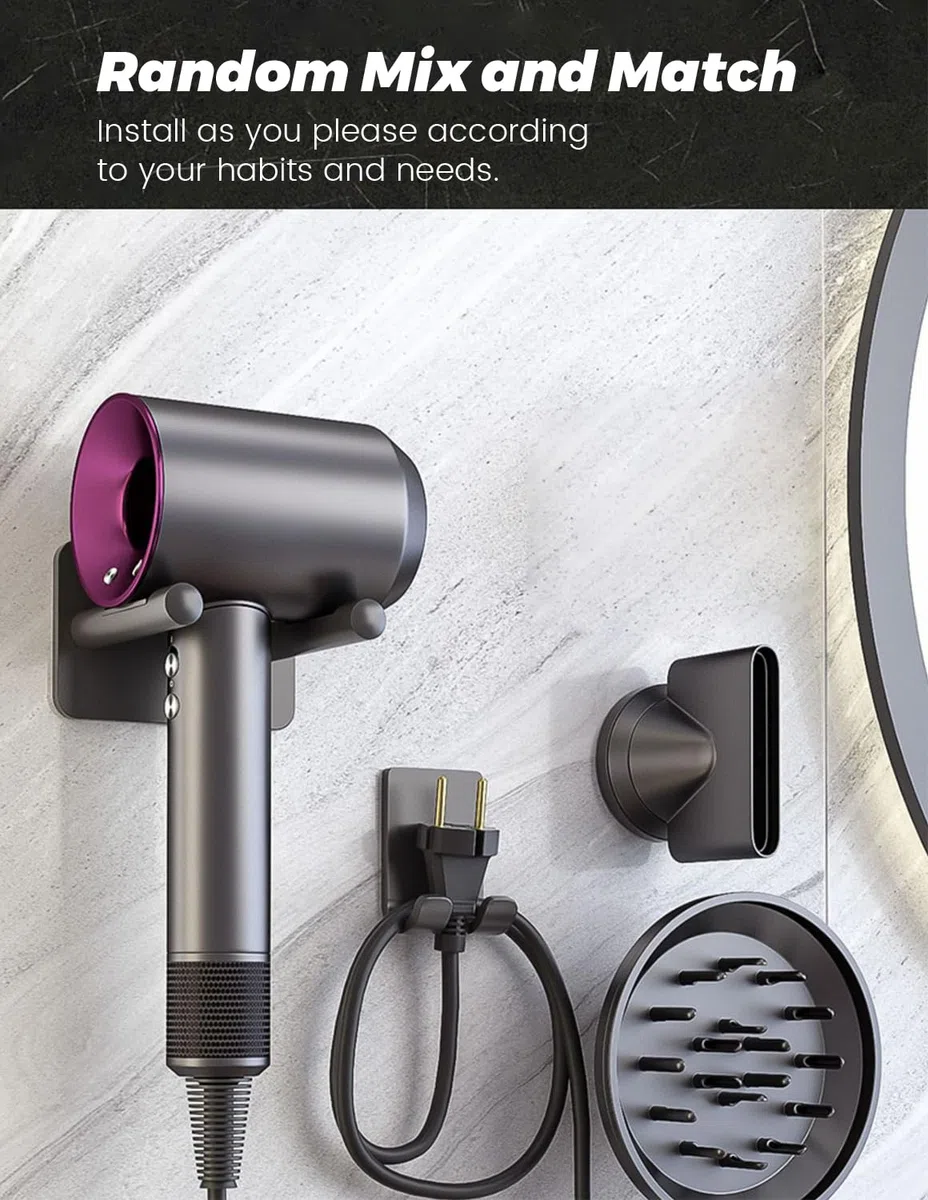 Soporte Secador Compatible con Dyson, Accesorios Secador Compatible con Dyson Supersonic con función de Almacenamiento de Cable y Capacidad para 2 boquillas. Fabricado en Aluminio