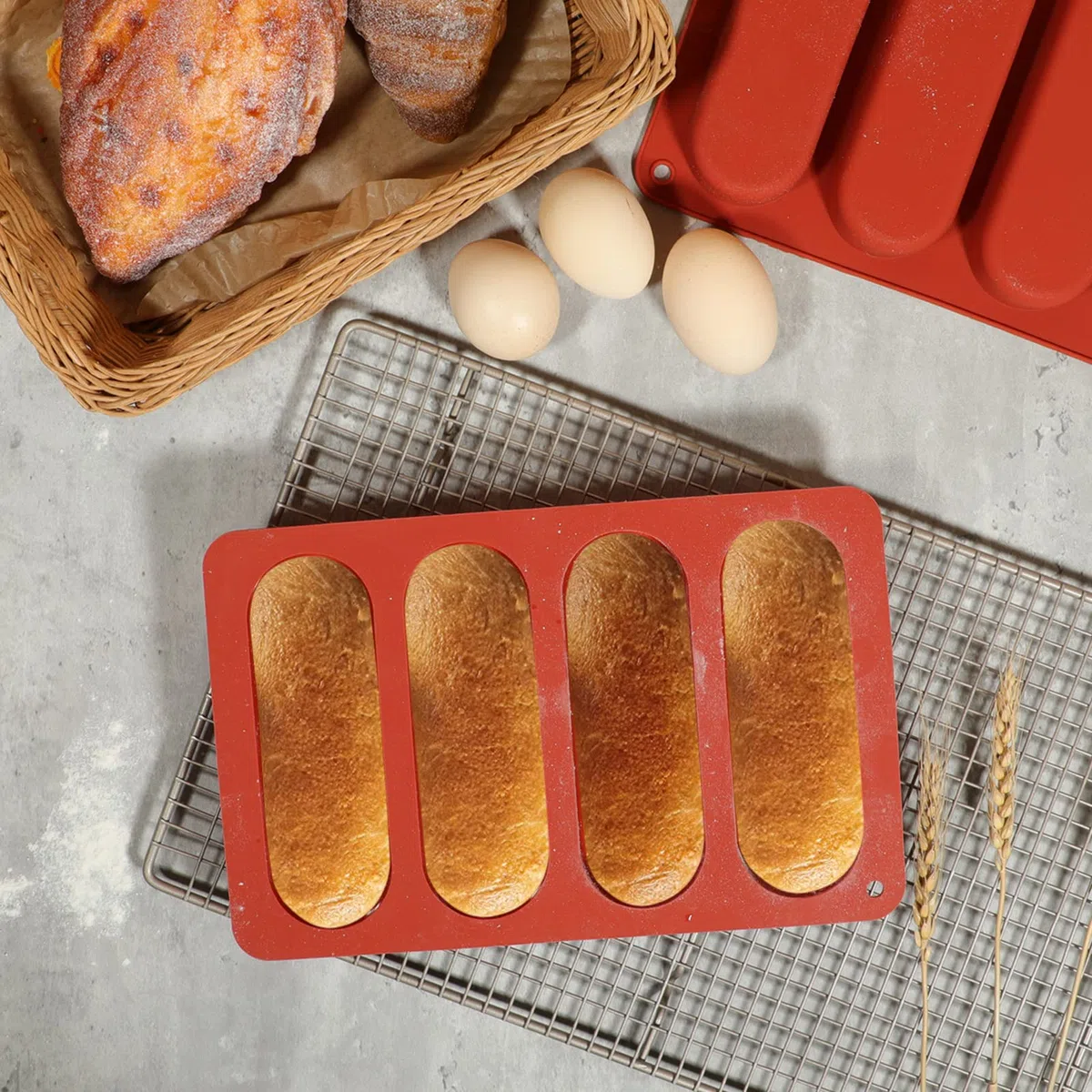 webake Molde de Silicona para Panecillos de Perrito Caliente, 2 Unidades, Bandeja para Hornear Mini Baguette, Moldes para Pan de Perro Caliente, Pasteles y Pan