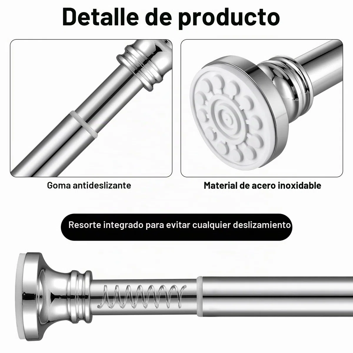 Barra tensora de acero inoxidable de 68-200cm extensible | Barra de cortina de ducha sin taladrar | Barra de cortina ajustable para baño, cocina y puertas de armario | Barra telescópica con red y tul