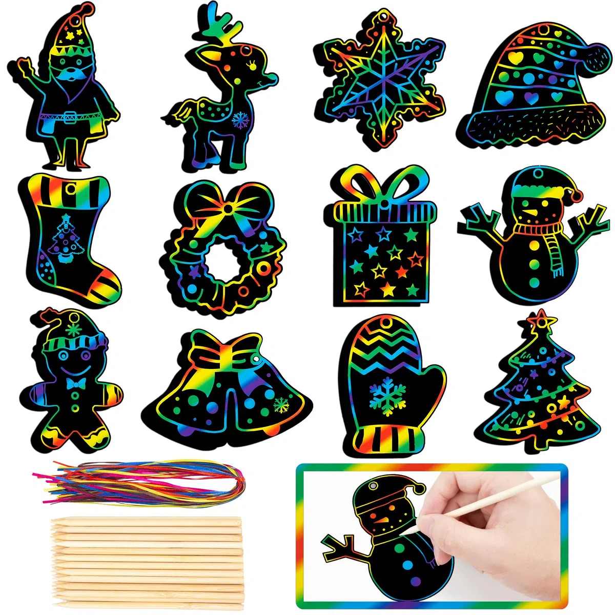 48 Piezas Scratch Art para Niños, Papel para Rascar Mágico Arcoíris DIY, Papá Noel, Alce, Copo de Nieve, Guirnalda, Campanas, Árbol de Navidad, Adornos de Casa para Decoración Navideña
