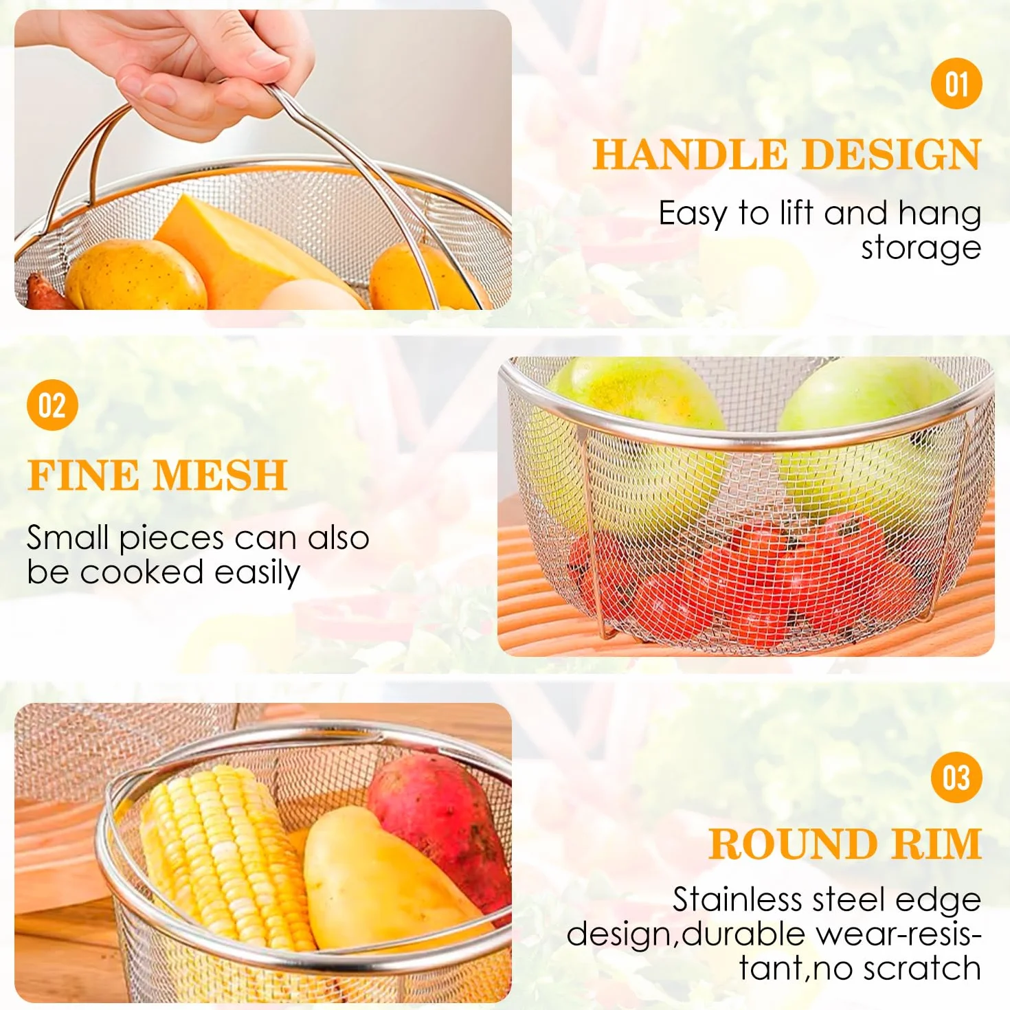 Tissting Cesta de Malla para Cocinar al Vapor, 18cm Cesta de Vapor de Olla de Malla de Acero Inoxidable con Asas Cómodas, Cesta de Drenaje para Freír en la Cocina
