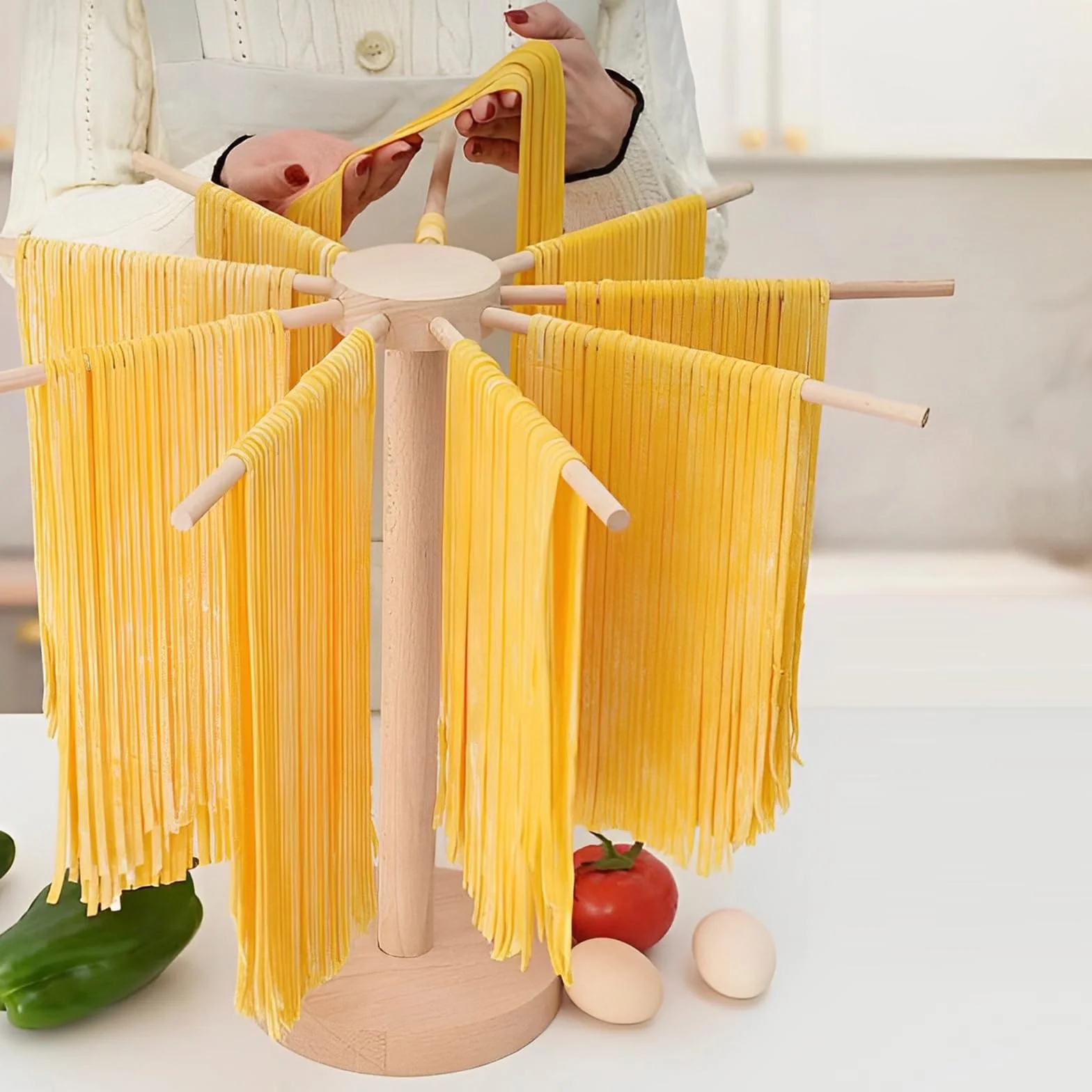 Secador de pasta de madera, 46 cm x 40 cm, para hasta 4,5 kg, con 9 brazos extraíbles, reutilizable, para pasta y fideos (A)