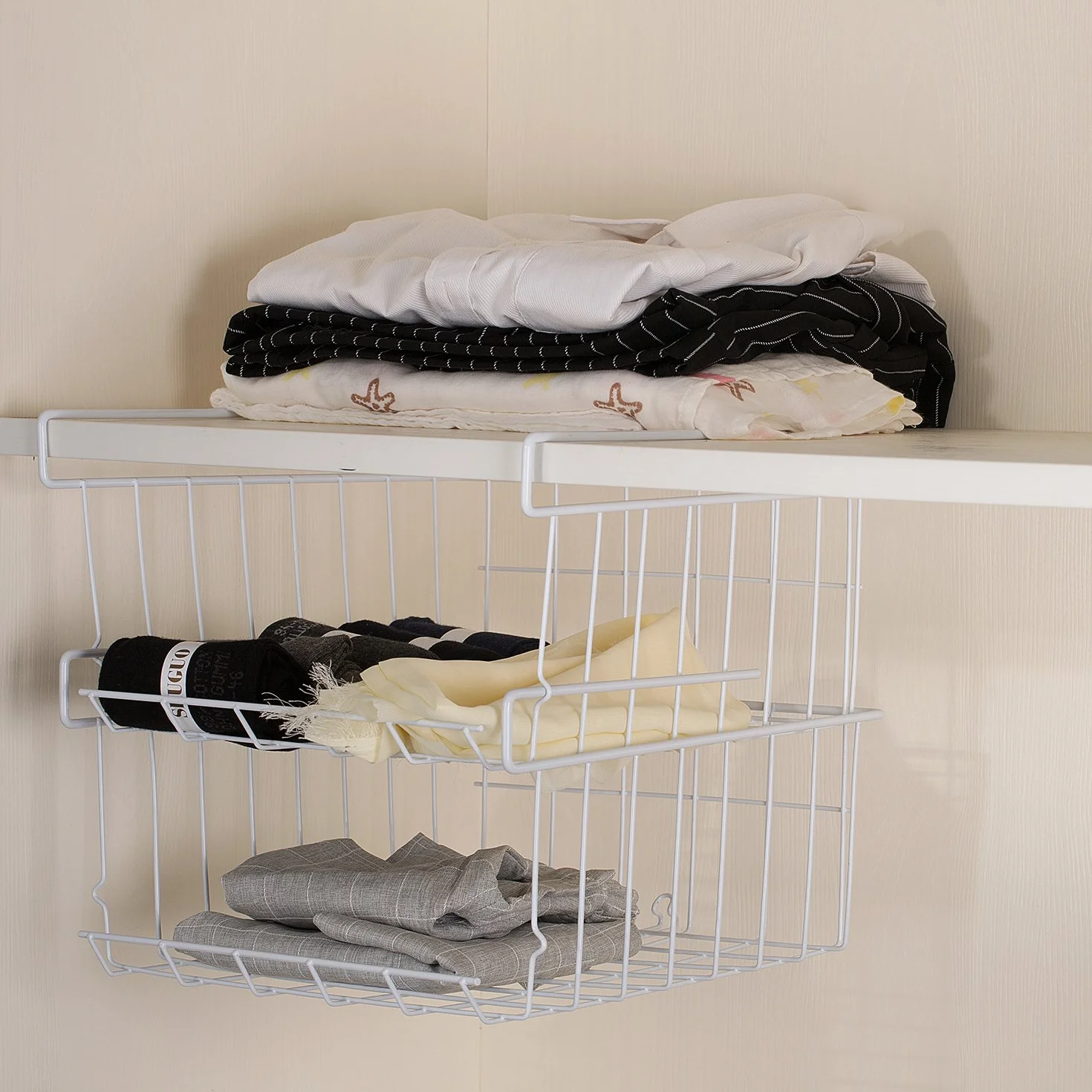 Lonian apilable cesta colgante, 2 cestas de almacenamiento de alambre colgantes debajo del estante, adecuadas para cocina, oficina, trastero, baño, armario