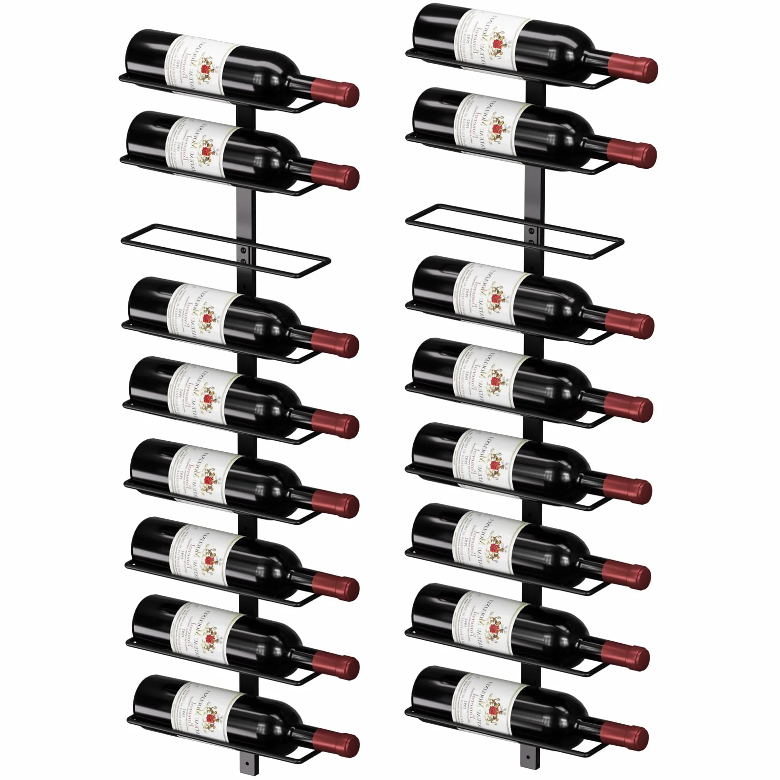 Estante para vino de pared para 18 botellas - Estante para vino de pared de metal para botellas de vino, licor y champán, soporte de exhibición de almacenamiento de vino resistente para bar en casa