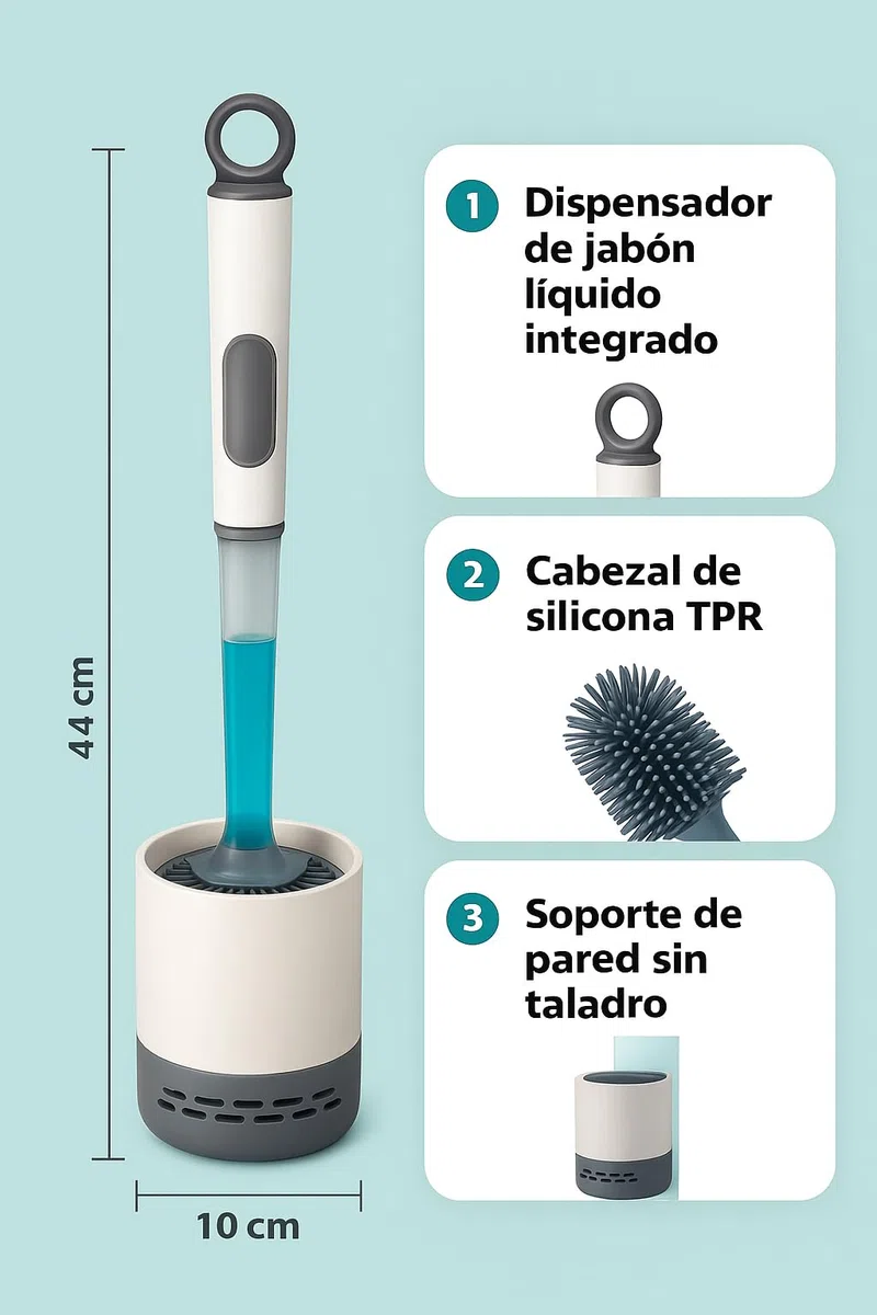 Escobilla de Baño con Dispensador de Jabón Líquido Integrado y Cabezal de Silicona TPR-Cepillo Inodoro con Mango Recargable Dosificador-Soporte de Pared sin Taladro y Base Ventilada de Secado Rápido