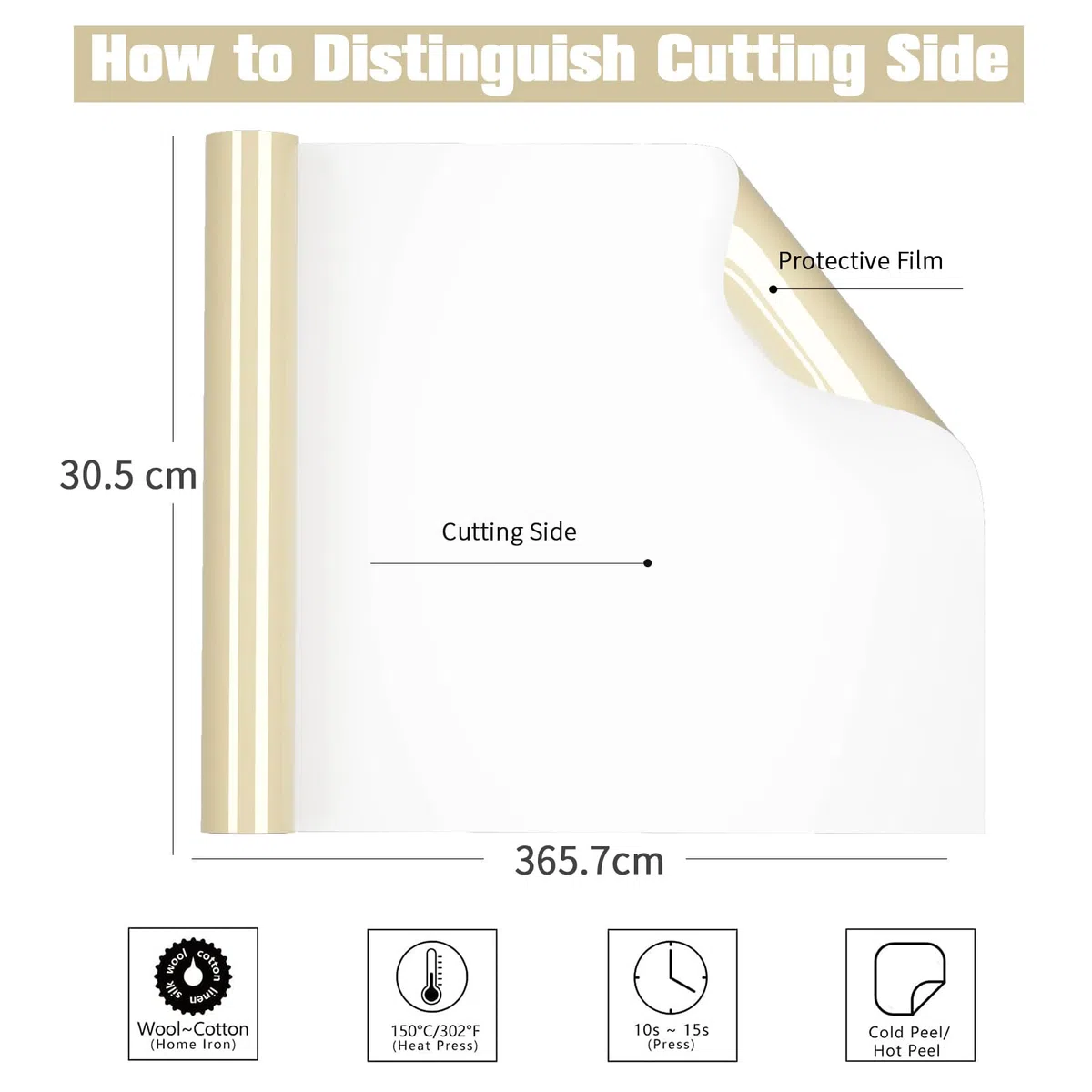 Vinilo Textil Termoadhesivo, Marfil Vinilo Textil 30.5x182cm HTV Vinilo de Transferencia de Calo para Cricut, Marfil Vinilo Termoadhesivo Textil para DIY Camisetas y Más Telas