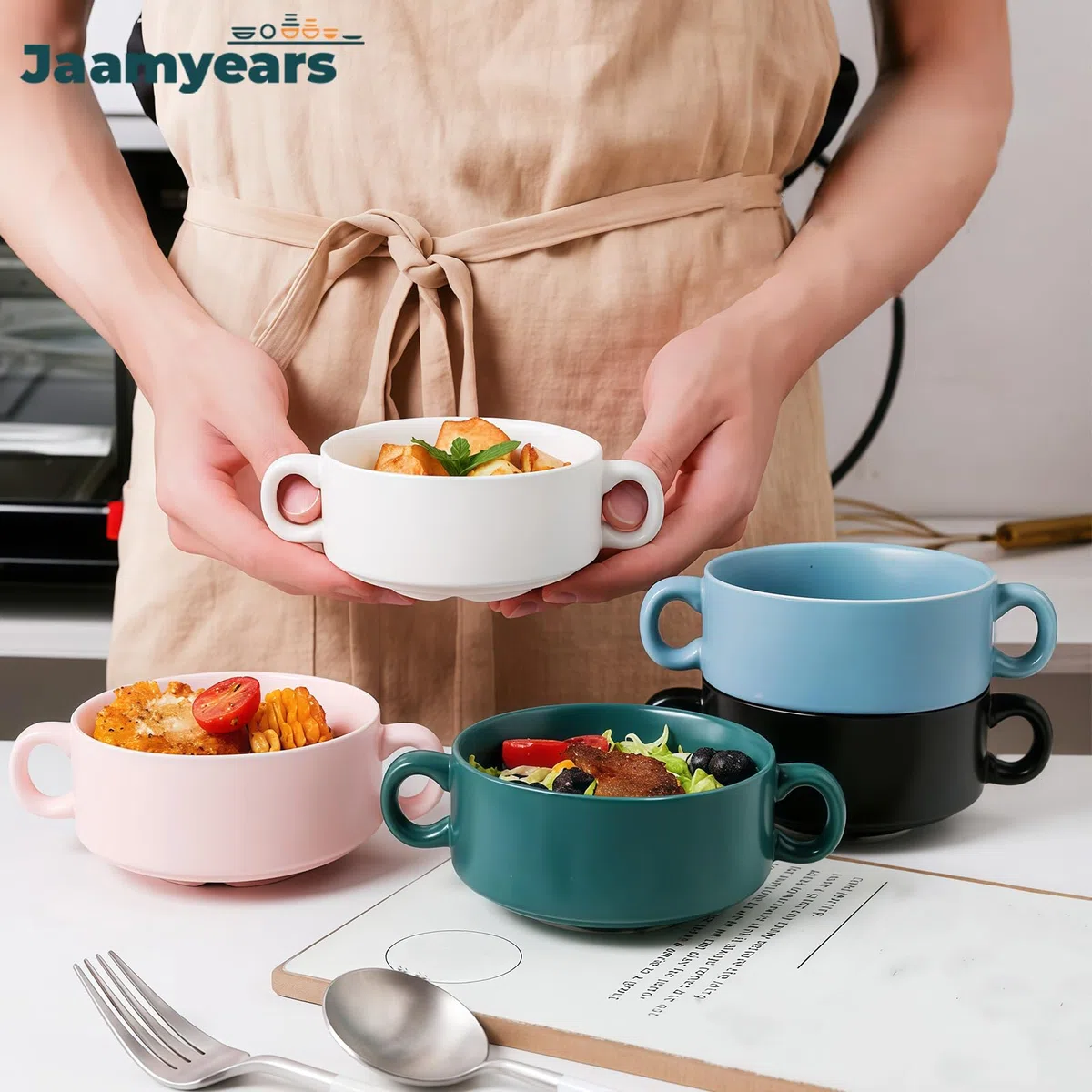 Taza de sopa con asas, cuenco pequeño de sopa de cebolla de 350 ml, apto para horno, para desayuno, leche, postres, avena
