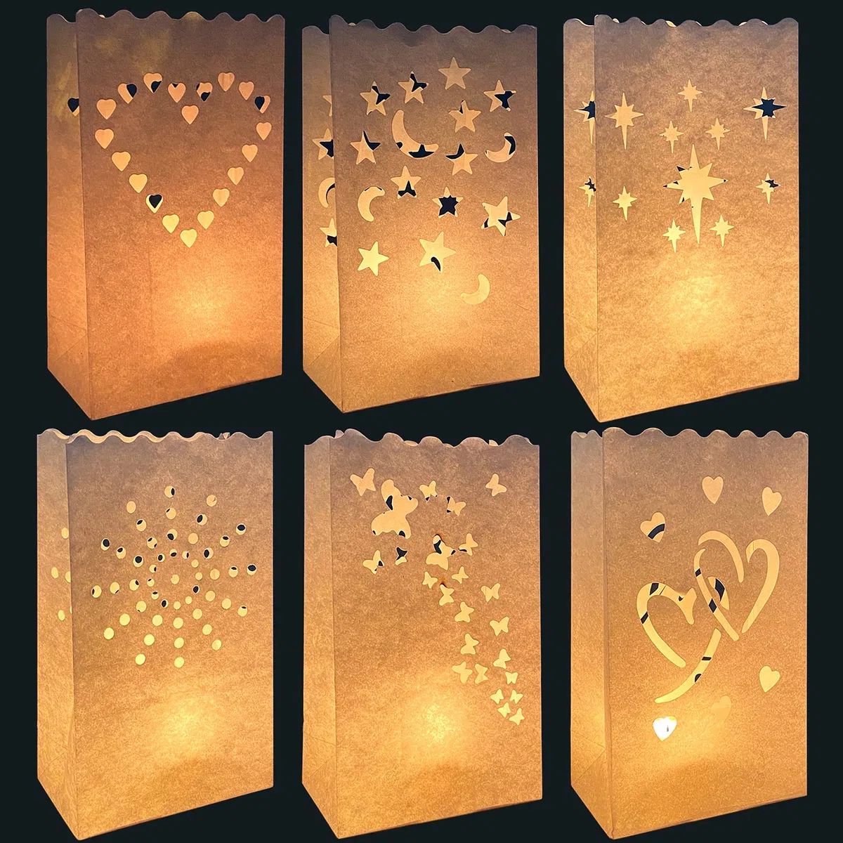 30 bolsas de vela, linterna papel, resistente a las llamas, reutilizables, blancas luminarias, mariposas, estrellas y lunas, diseñado para bodas, fiestas románticas, bodas, decoración