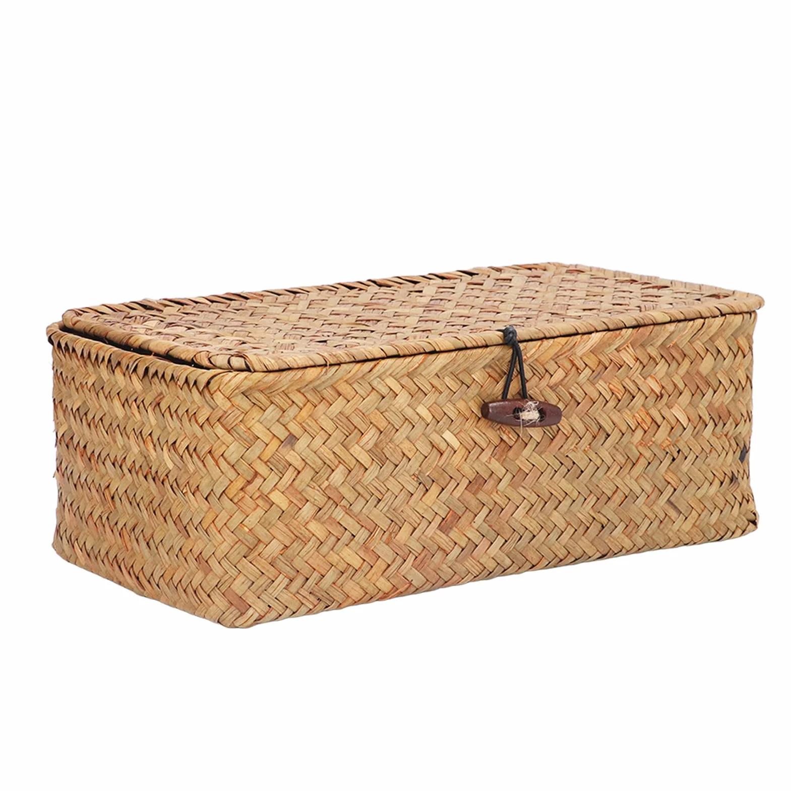 Cesta de Pasto Marino con Tapa, Organizador Tejido, Cestas de Almacenamiento, Cesta de Mimbre, Estante Rectangular, Contenedores, Caja Organizadora de Escritorio, Tamaño M