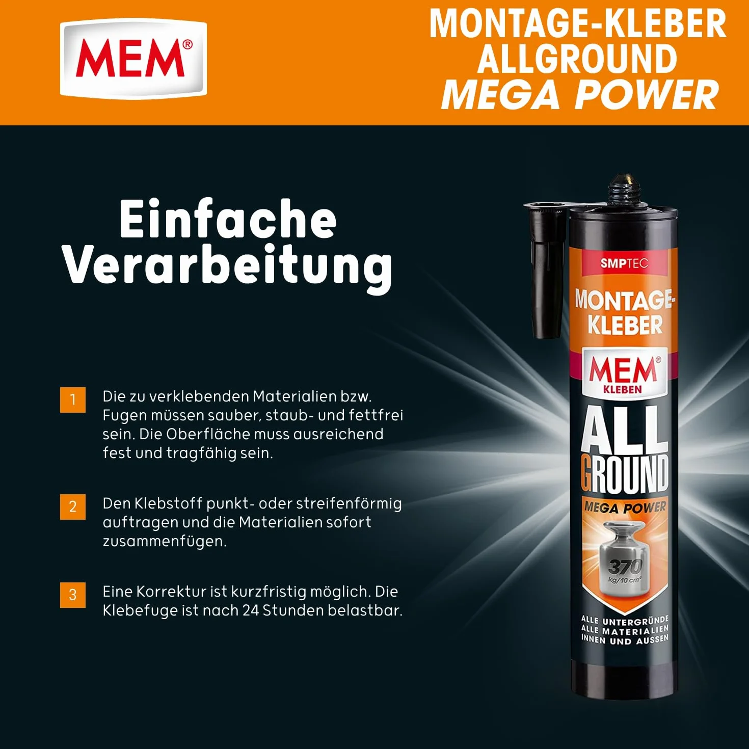 MEM Pegamento de montaje Allground Mega Power, resistente al agua y a los rayos UV, alta adherencia inicial y gran resistencia final, para casi todas las superficies, sin disolventes, cartucho de 450