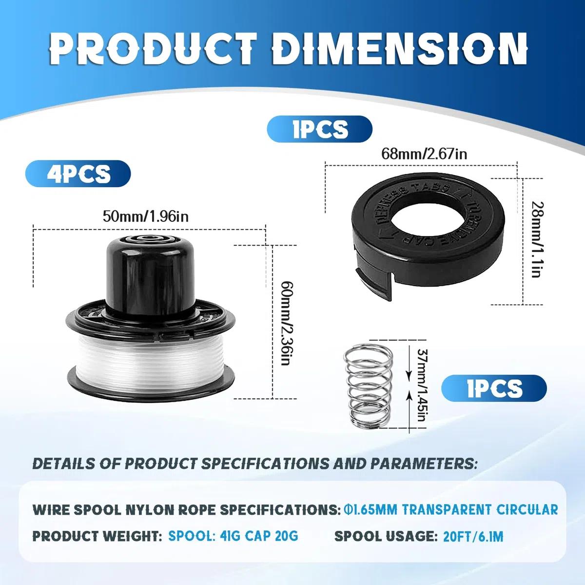 4 Bobina de hilo de repuesto compatible con A6226-XJ A6226 RS-136-BKP RS-136, para Black+Decker GL250,GL310,GL360,GL360SB,CST500,CST800,Ø1,65mm 6,1m(4 Bobina+1 Tapa+1 Primavera)