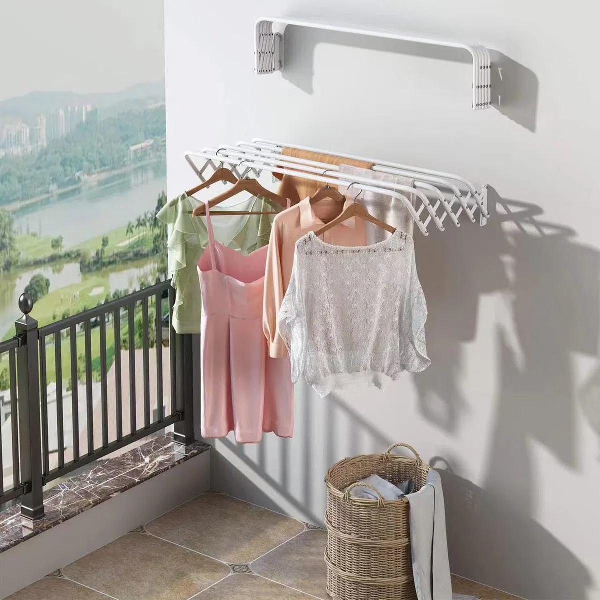 SHANN Tendedero Extensible Pared 60cm - Tendedero Plegable de Pared de Interior o Exterior de Acero Blanco - Tendedro con 5 Barras y 3 Metros de tendido