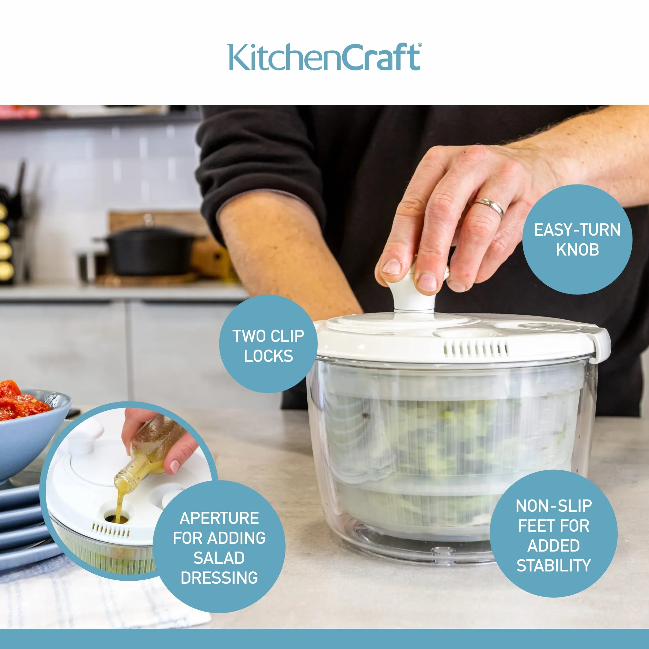 KitchenCraft Mini Ensaladera Giratoria para Escurrir y Colar el Agua Antes de Aliñar, Secado Rápido, Plástico de Seguridad Alimentaria, Apto para Lavavajillas, 19 cm