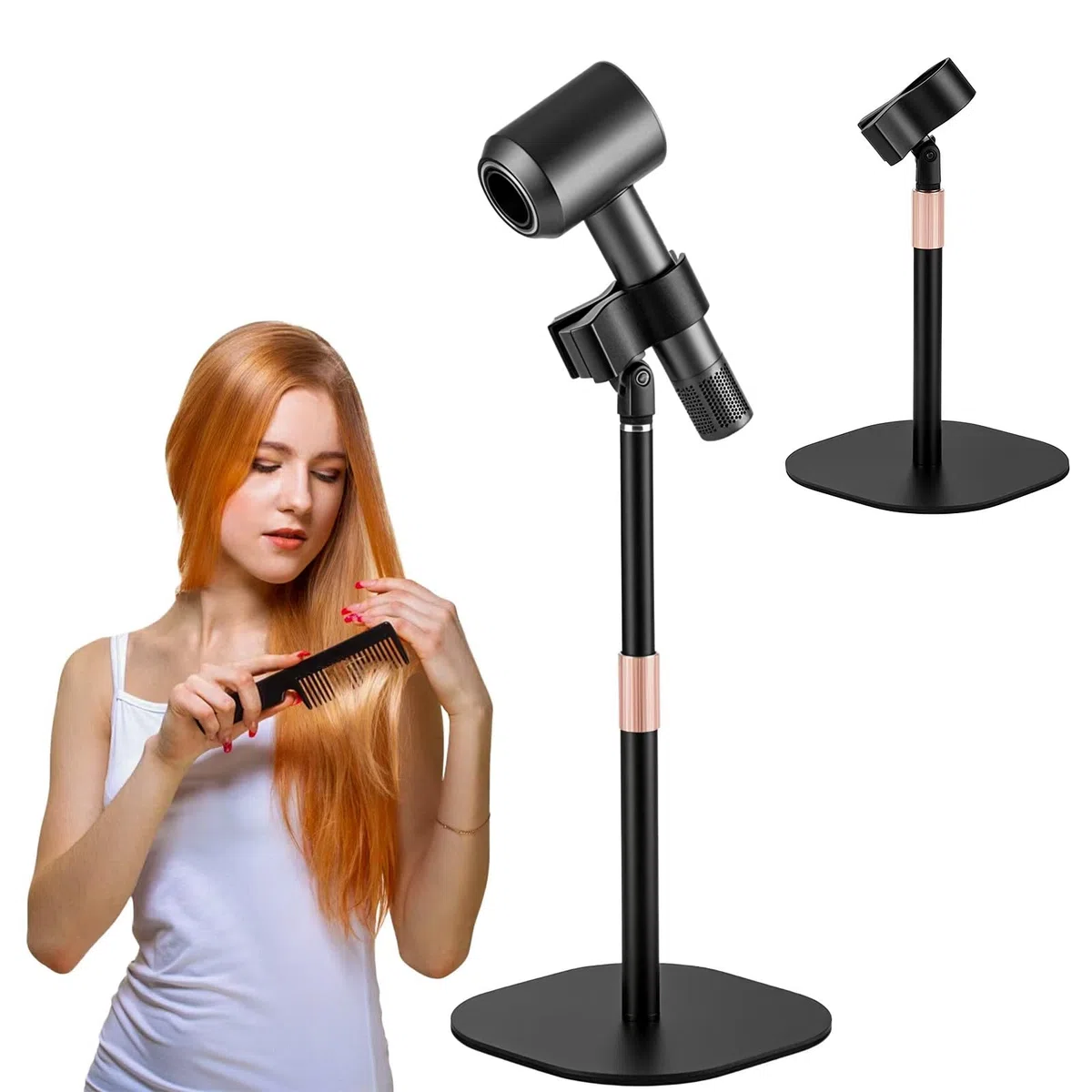 Soporte para secador de pelo, manos libres, giratorio 360 grados, altura ajustable, duradero y compatible con el 99% de los secadores.