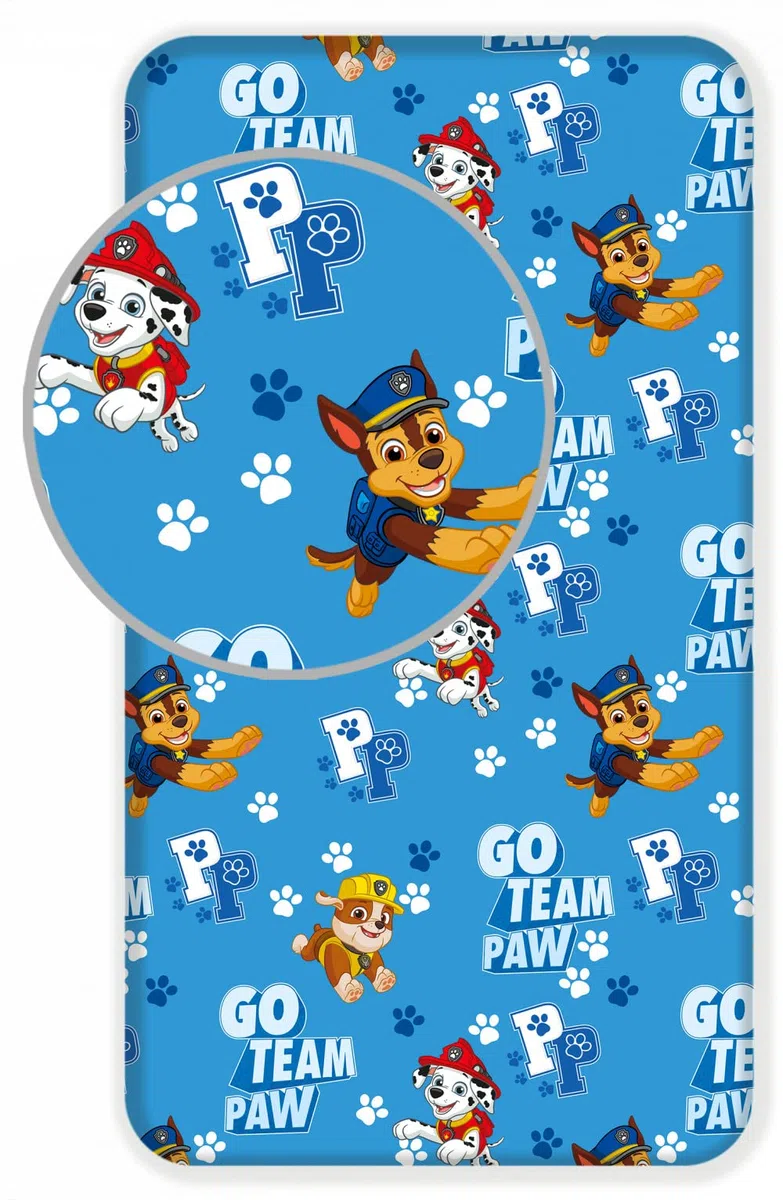 Sábana bajera ajustable Paw Patrol Chase Marshall "Just Yelp for Help" 90 x 200 + 25 cm, 100% algodón