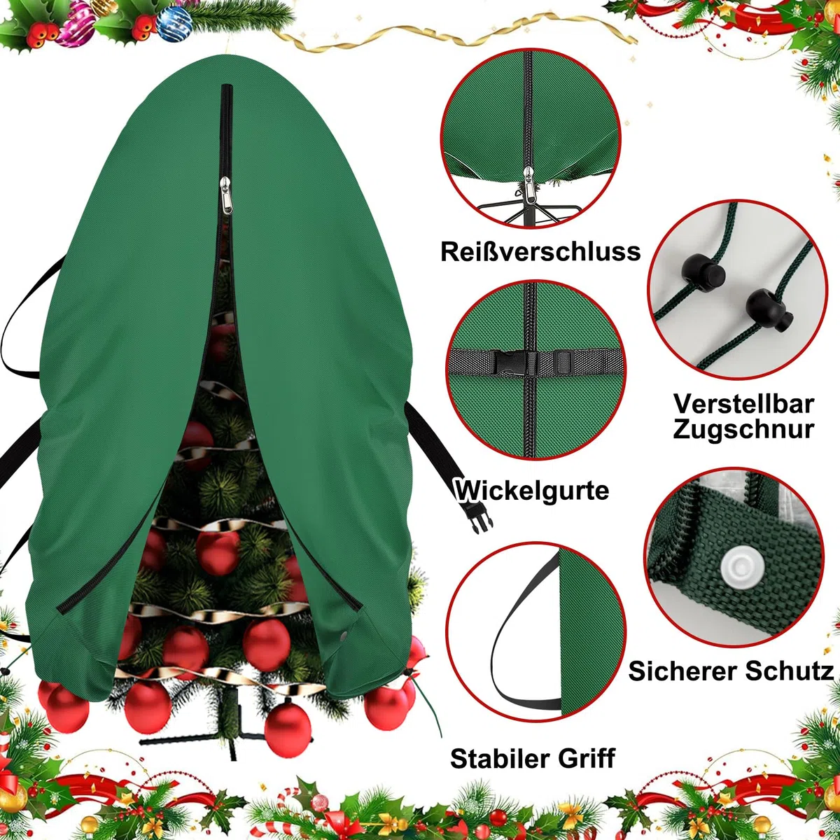 Bolsa de almacenamiento vertical para árbol de Navidad con correas de transporte ajustables, funda para árbol de Navidad con cremallera y cordón para árbol artificial de 2,30 m con joyas a prueba de