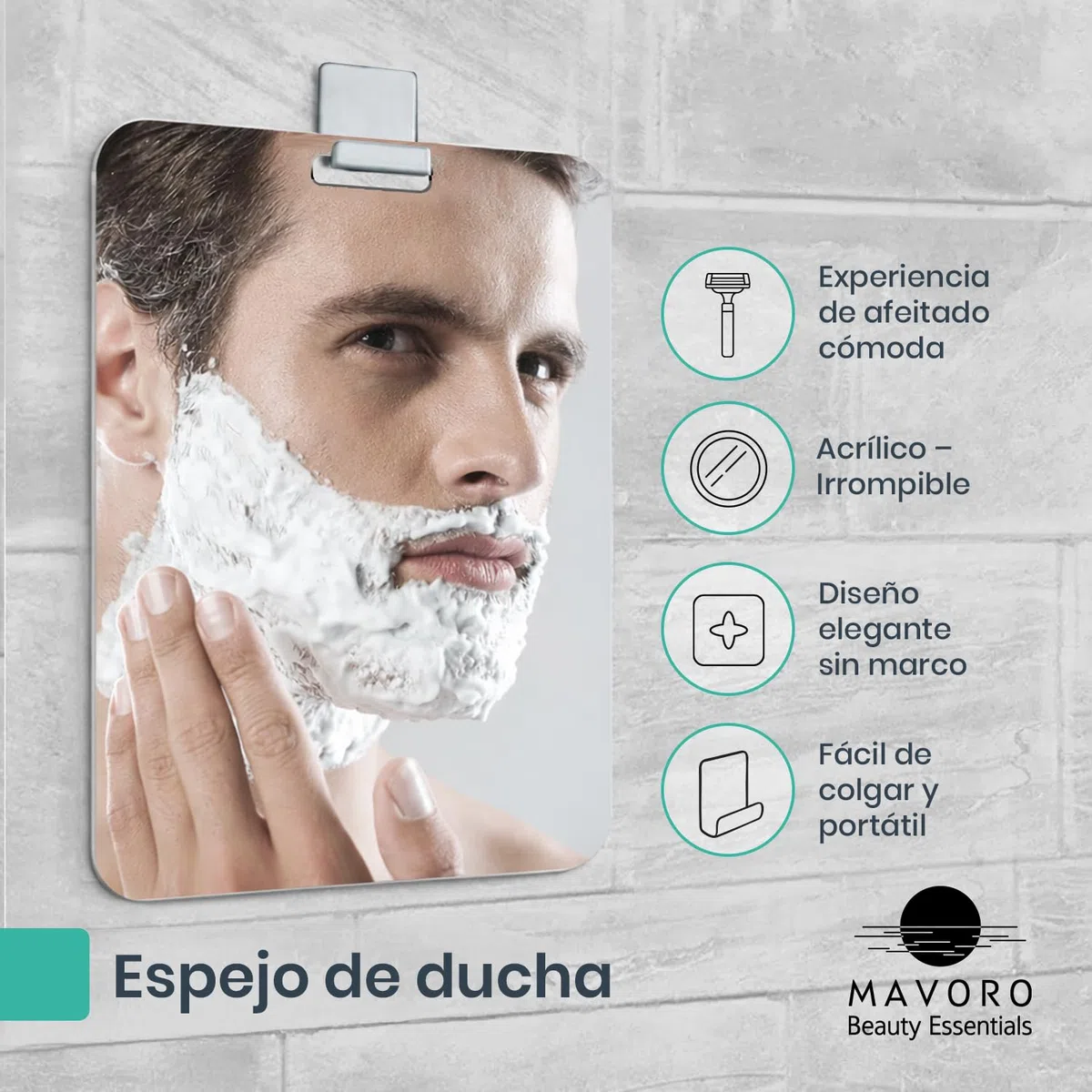 Mavoro Espejo de afeitado 18 x 23 cm para ducha con gancho adhesivo 3M, espejo de ducha para colgar en cualquier lugar, acrílico, irrompible, menos empañamiento, elegante sin marco, seguridad sin