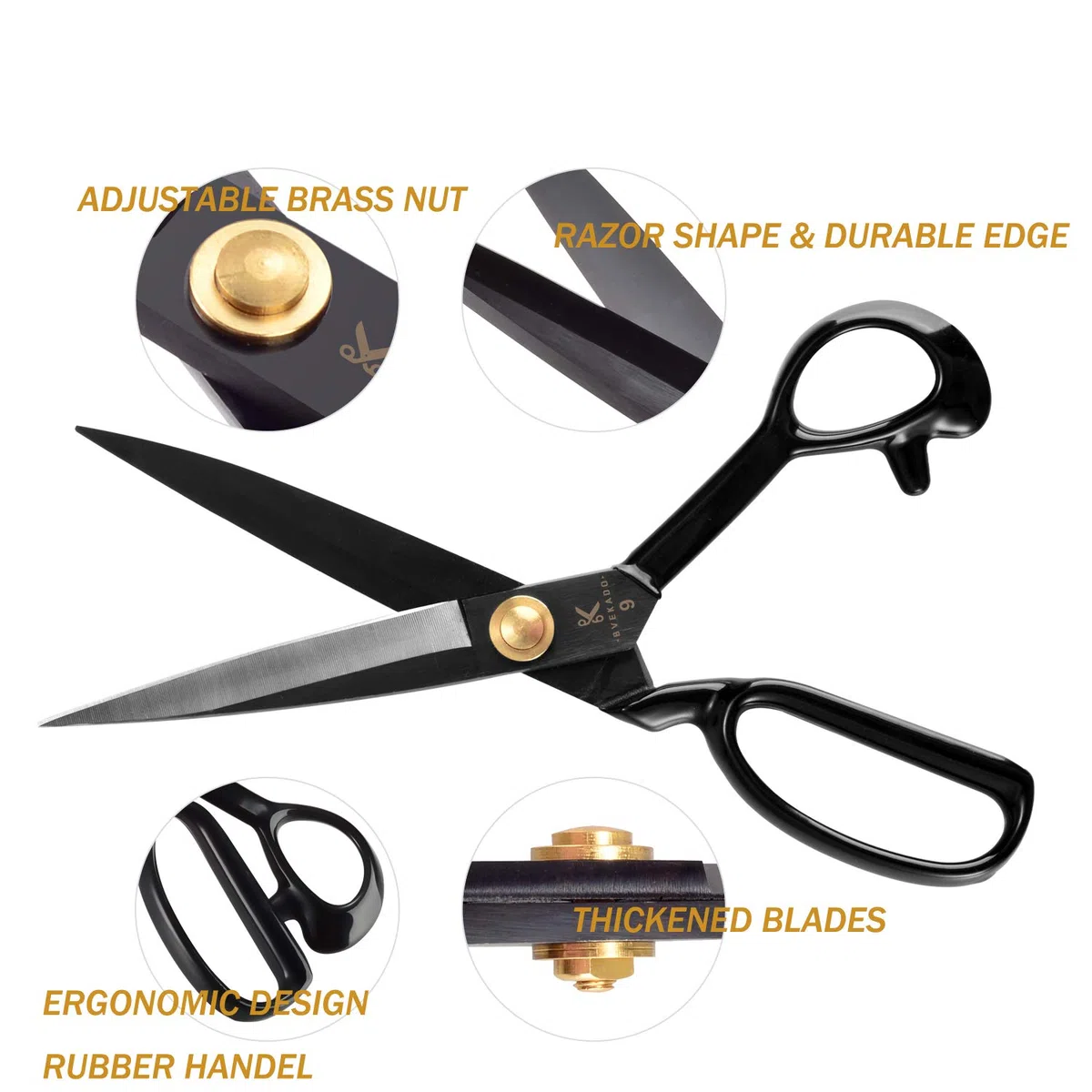 Tijeras de costura, tijeras de modista de 24 cm con cortador de hilo - tijeras de tela acero al carbono para cortar tela, ropa, cuero, materias primas (negro, diestro)