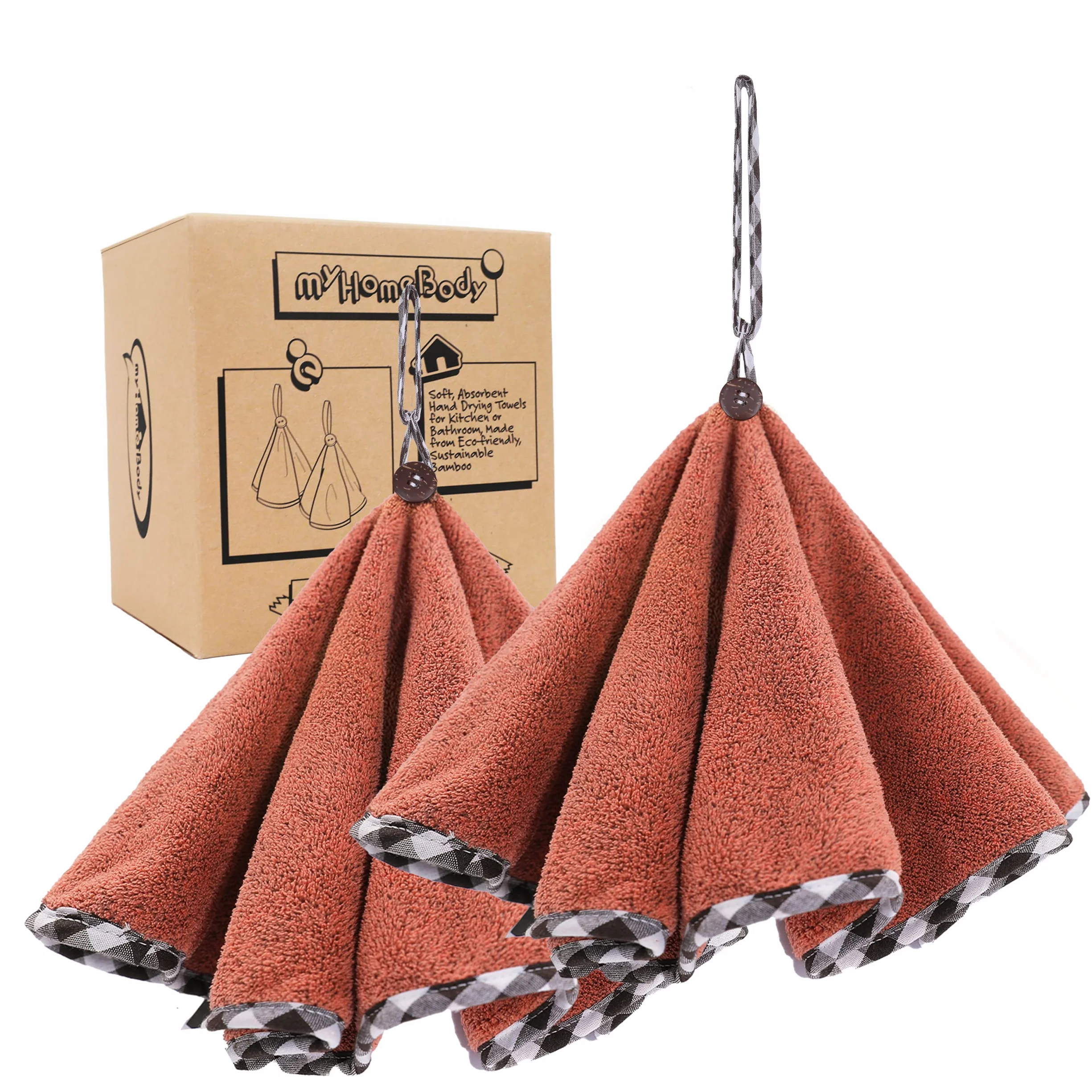 myHomeBody Toallas de Mano para Cocina – Toallas de Mano Suaves y absorbentes de Fibra de bambú, Toallas de Cocina con Lazo para Colgar, Set of 2 Brick Red Towels