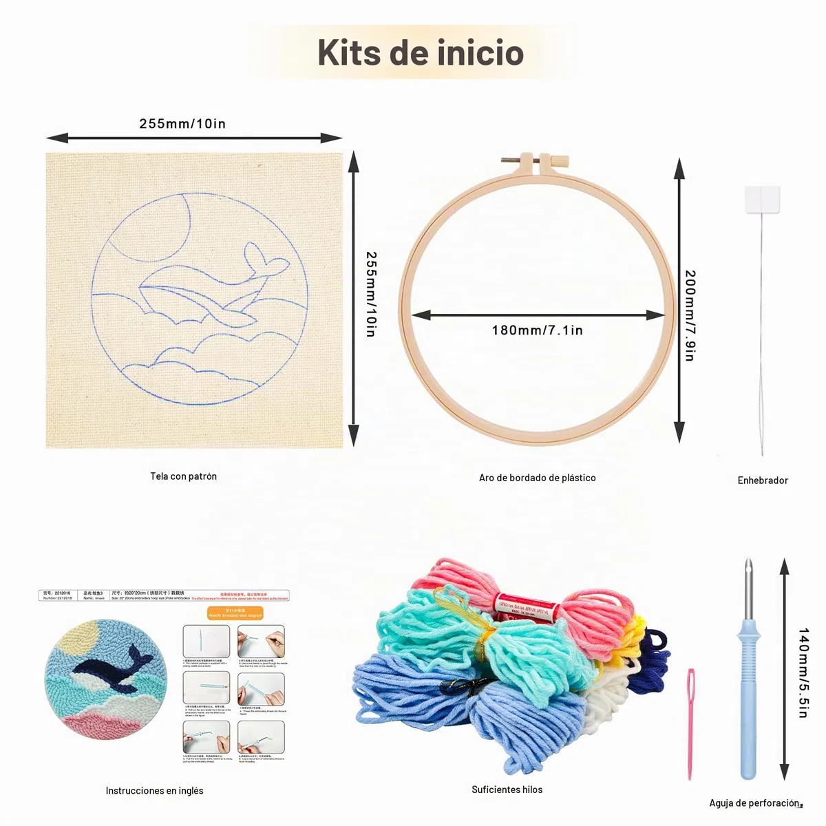 JSRQT Kit para Principiantes para Bordar Ballena Kit Aguja Perforadora Punch Needle Kit Bricolaje Kit de Bordado con Aguja Perforada para Adultos Principiantes Herramienta de Punto de Cruz con Aro