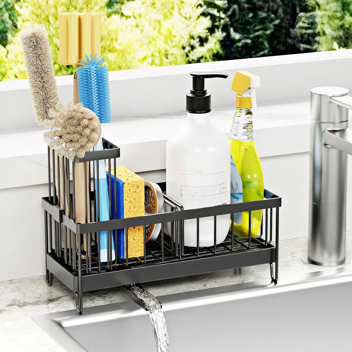 Organizador Bajo Fregadero Cocina, Soporte Esponja Cocina con Toallero, Estropajo Fregadero con Bandeja Drenaje, Porta Estropajos Almacenamiento Organizador, Negro