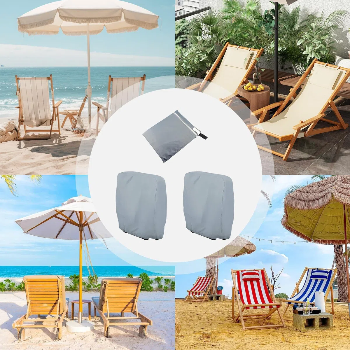 Cubiertas de Sillas Plegables para Exteriores, Juego de 2 Fundas para Sillas Relax de Exterior, Con Bolsa De Almacenamiento Protector Resistente Al Clima Para Jardín Camping Playa Piscina Césped