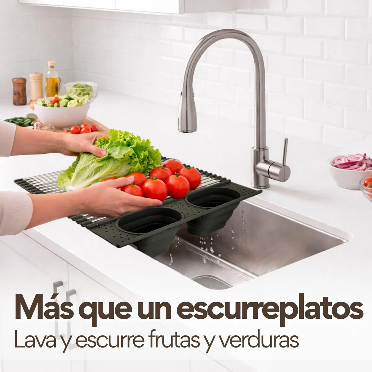 ️ Escurreplatos sobre Fregadero Plegable con 2 Cestas Abatibles Integradas de Silicona Cubiertos y Utensilios Cocina | Escurridor de Platos para Fregadero de Acero Inoxidable y Silicona (Gris)