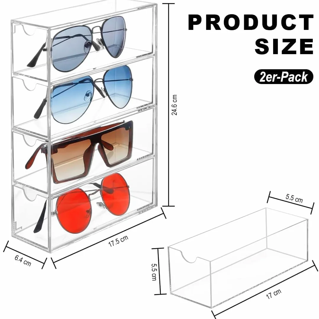 Almacenamiento de gafas de sol acrílicas - Organizador de gafas con 4 cajones para gafas múltiples, joyas, relojes - Almacenamiento de gafas de sol transparente, paquete de 2 Organizador de