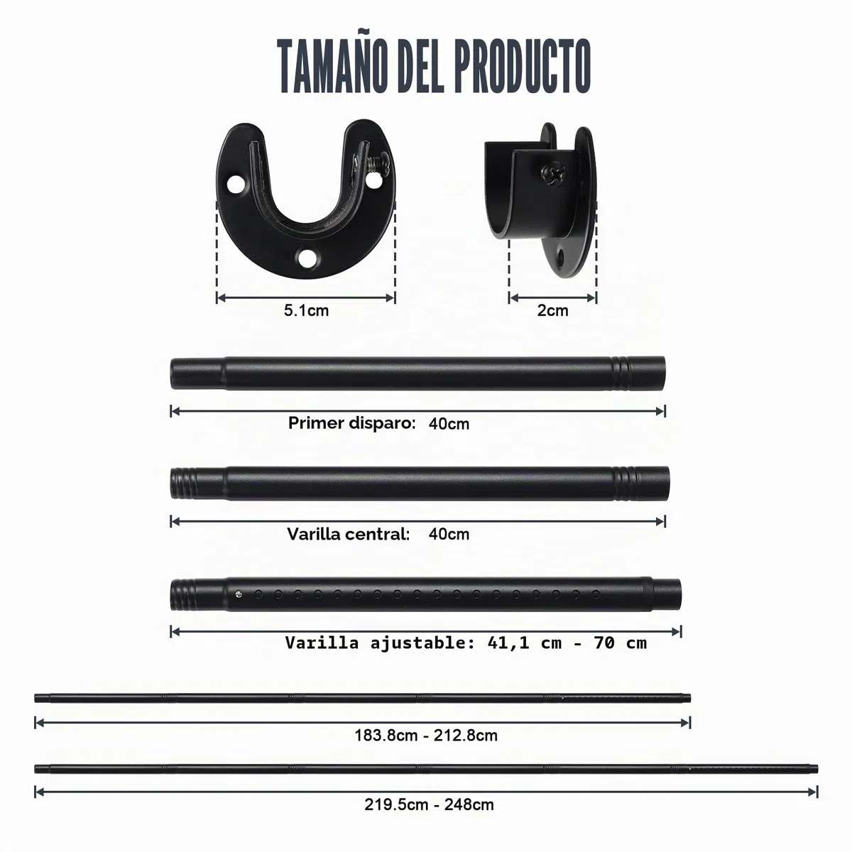 Barras de armario para colgar ropa, barra de metal ajustable de 40 a 212cm, barra de armario extensible resistente, barra retráctil de 1.1 pulgadas de diámetro para armarios, lavandería, RV, color