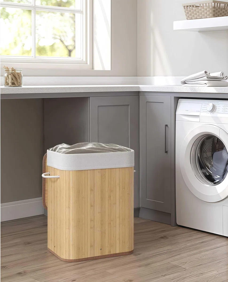 Cesto Para Ropa Sucia, Pongotodo con Tapa Separada Individualmente y Asas, Bolsa Lavable Extraíble, Cesta de Bambú Para Ropa (Retangular)