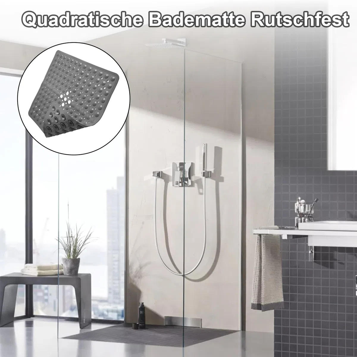 Alfombra de Ducha Antideslizante, 53 x 53 cm Alfombra Antideslizante con Ventosas, Alfombrilla de Ducha Cuadrada para Sauna, Alfombrilla de Baño con Agujeros de Drenaje, para Saunas, Gris