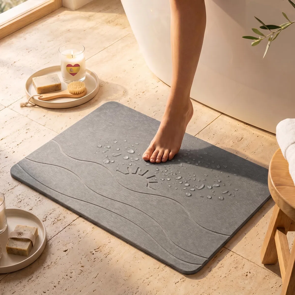 Homellence Alfombra Diatomita Baño 60x39 cm Secado Rápido Antideslizante Higiénica - Alfombrilla Diatomita Antibacteriana Absorbente - Alfombra Baño Piedra - Stone Bath Mat (Solaris Aura)