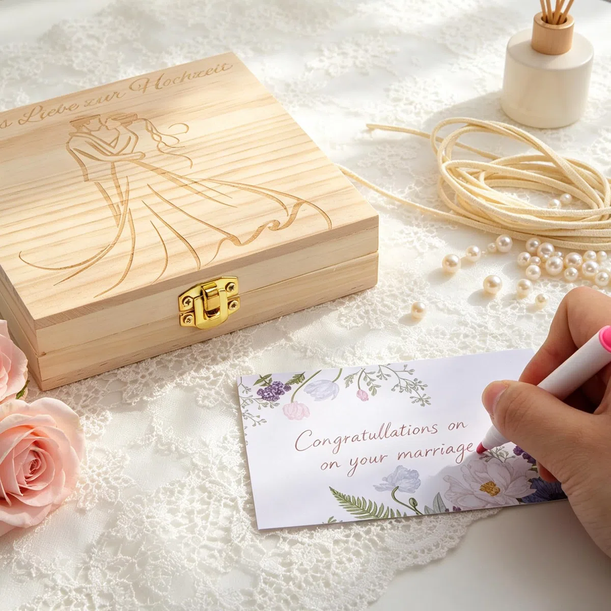 KingYH Regalo de Dinero para Boda Caja Regalos Boda Novios Regal Cajaa Madera para Recién casados Regalo Regalos de Boda para Los Novios con Caja de Madera Flores
