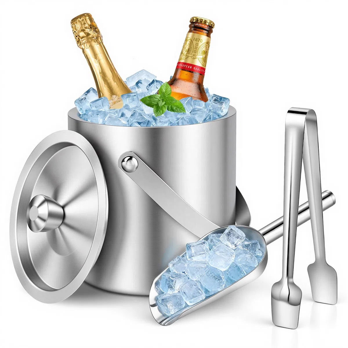 2L Cubitera con Tamiz y Pinzas Para Hielo, Cubiteras Acero Inoxidable, Para Bares, Restaurantes, Fiestas, Cerveza