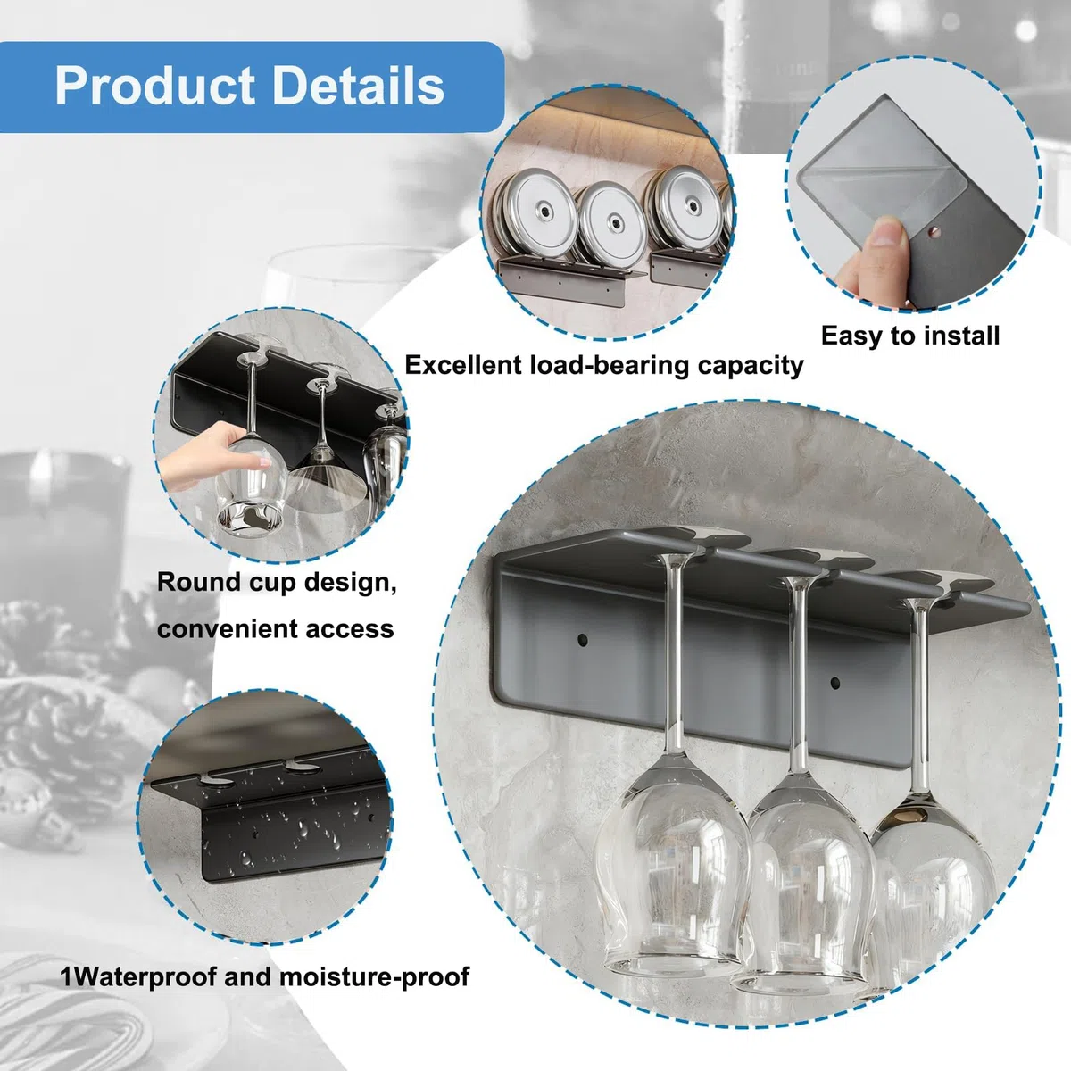 3 Piezas Soporte Para Copas de Vino Pared Soporte Copas Colgante Autoadhesivo Estante para Copas de Vino Metal Colgador de Copas Armario Cuelga Copas para Bar Cocina Restaurante (Negro)