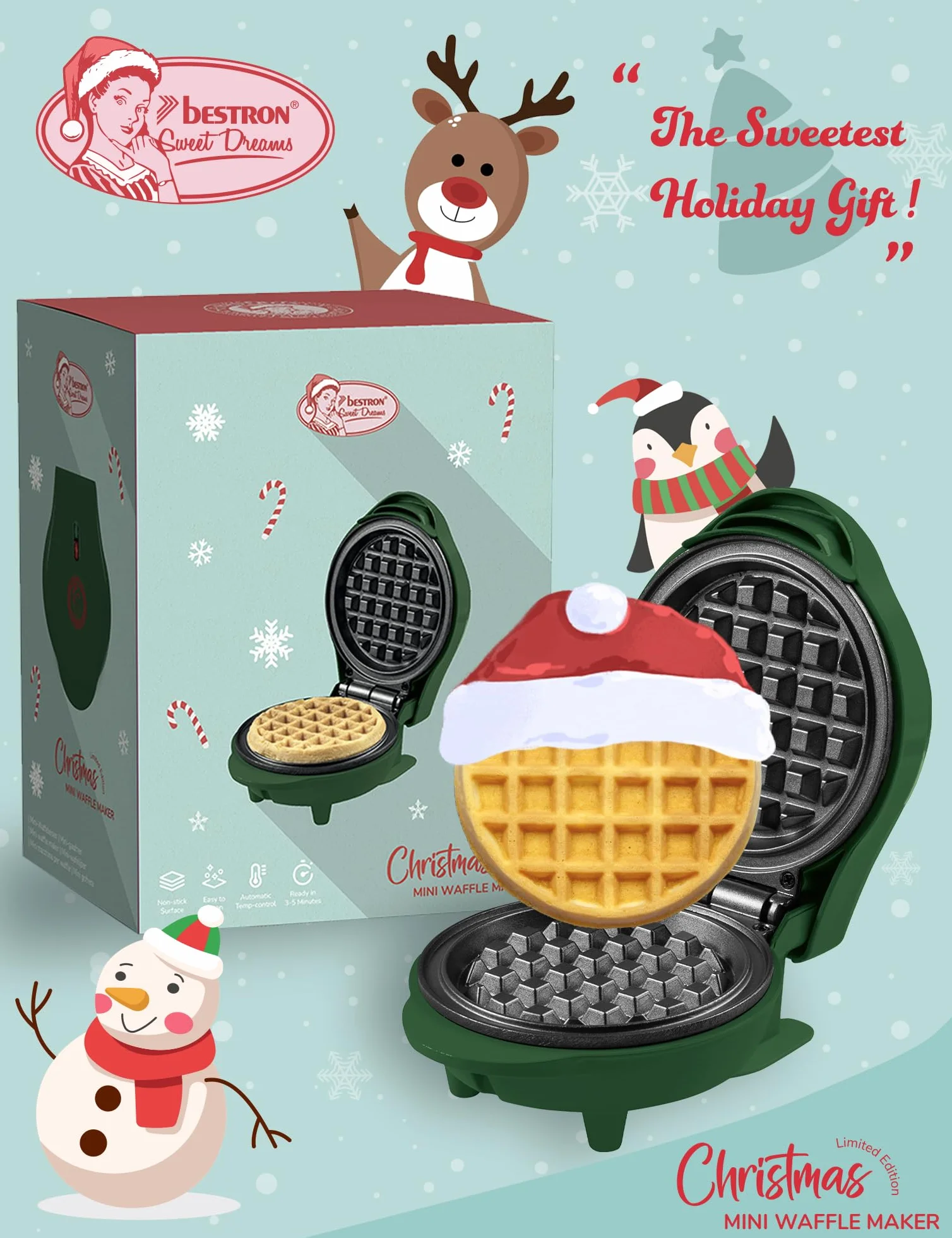 Bestron Mini Gofrera, Christmas Edition, Edición Limitada, Waffle Maker con revestimiento antiadherente, ideal para Navidad, fiestas o como regalo, tamaño del waffle: 10 cm, Color: verde mate