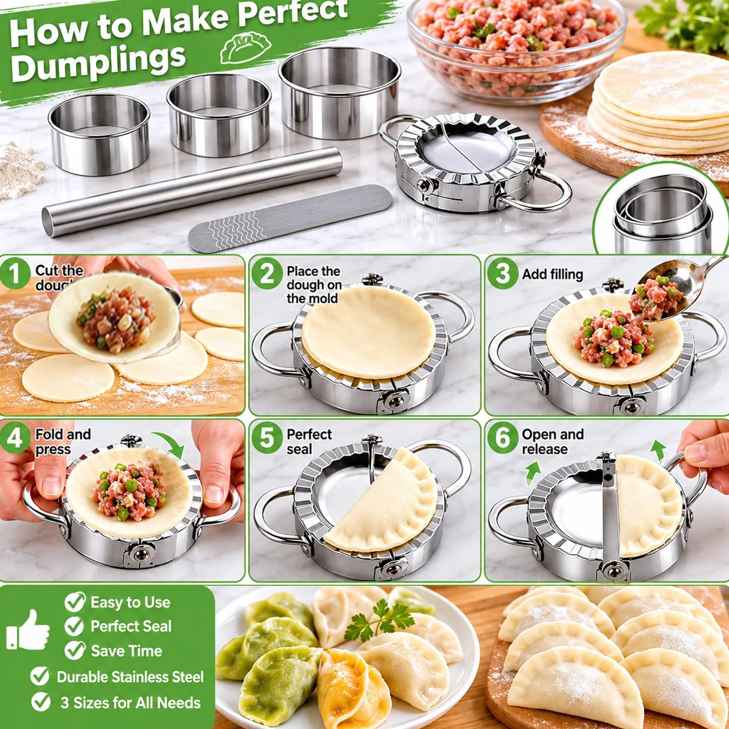 Molde Empanadillas, Fabricante De Dumplings De Acero Inoxidable De 8 Piezas, Stampo Per Ravioli Dumpling,Cortador De Masa Para Tartas, Adecuado Para Elaborar Deliciosos Wontons Y Pierogi