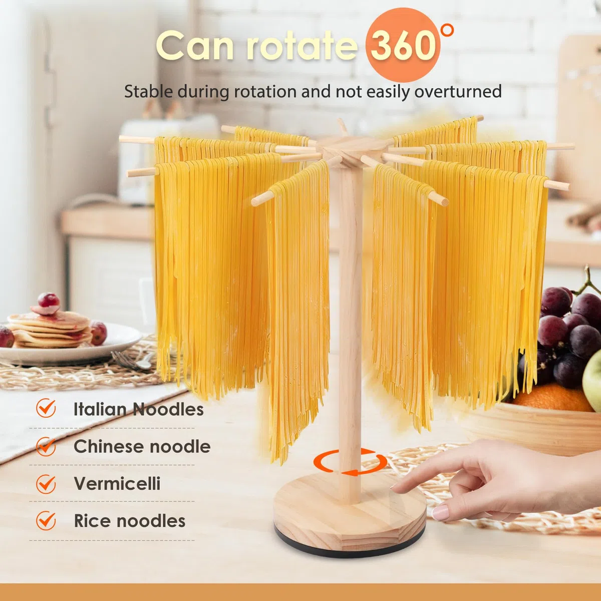 Secador de pasta con base giratoria, soporte para pasta de madera, con 9 brazos extraíbles, gran capacidad, para secar pasta de 4,5 kg