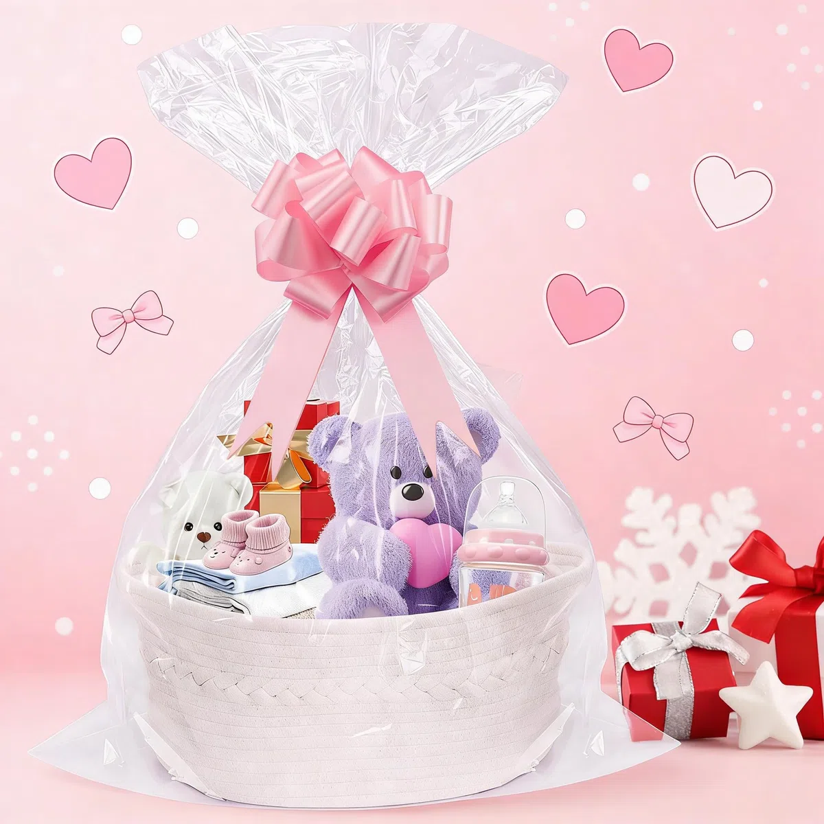 SelfTek Kit de Cesta de Regalo Con Bolsas de Celofán, Rafia y Lazos Tejidos - Cesta de Almacenamiento Vacía Para Baby Shower, Boda, Cumpleaños - 33 x 24 x 15 cm