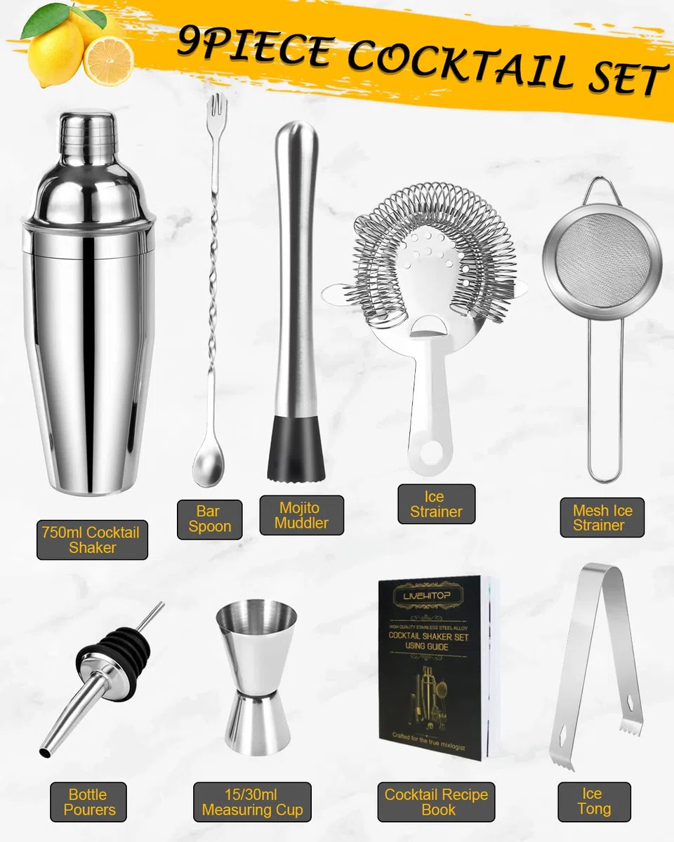 LIVEHITOP Juego Cóctel, Juego Mezclador Cóctel Profesional Acero Inoxidable con Coctelera