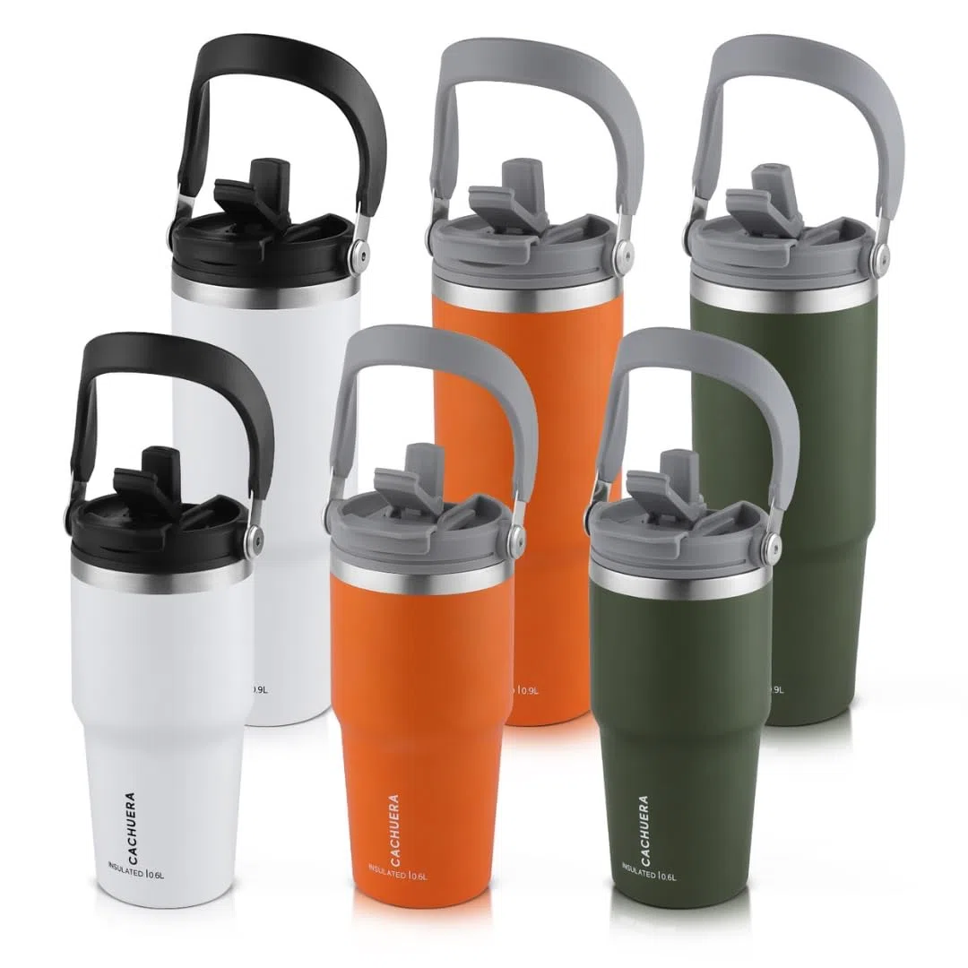 Vaso térmico de acero inoxidable CACHUERA: doble pared, tapa 2 en 1, termo, colores vibrantes. Conserva el calor 8 hs y el frío 15 hs. Disponibles en dos tamaños (NARANJA, 600)