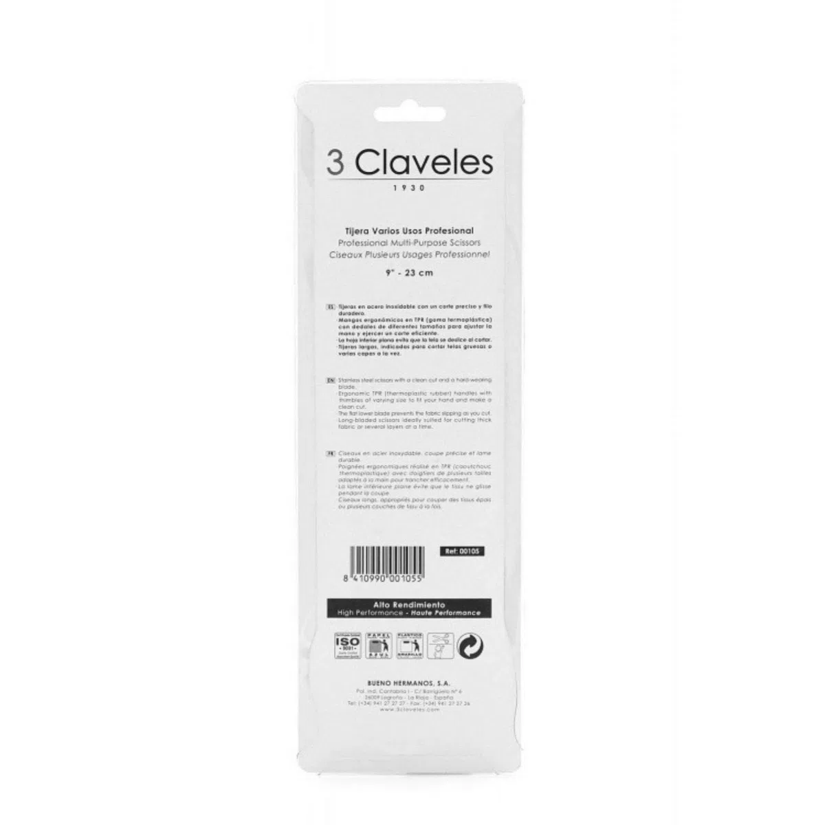 3 Claveles Varios Usos Tijeras Costura, Multiusos, Mangos TPR, 23 cm-9", Acero al Carbono, Negro