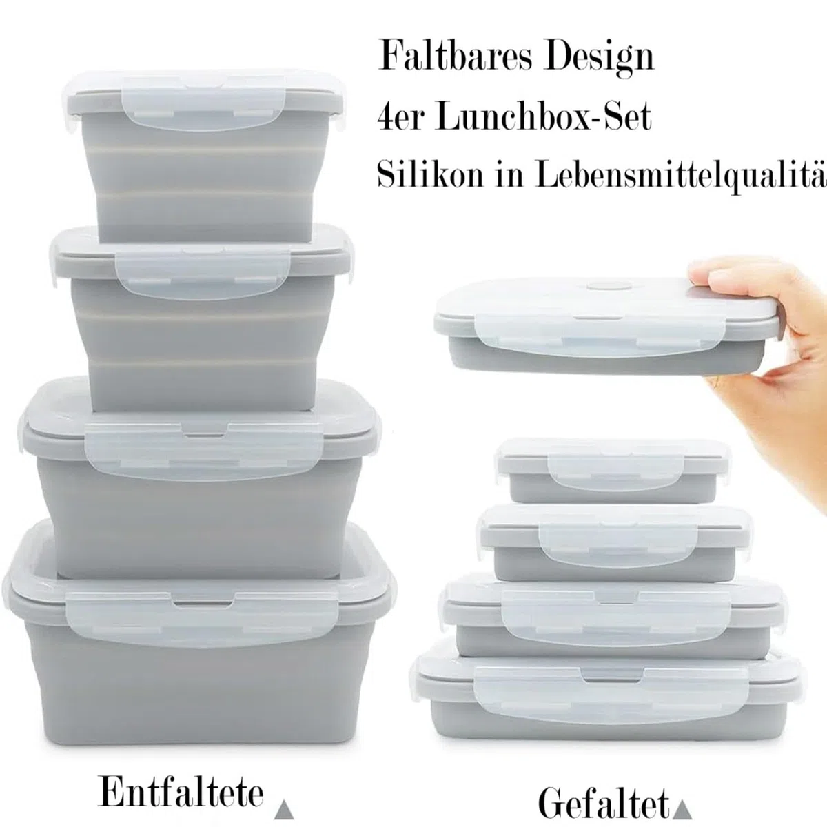 Juego de 4 Envases para Alimentos Plegables de Silicona, para Cocina, Pícnic, Senderismo, Escuela, Bento, Color Gris