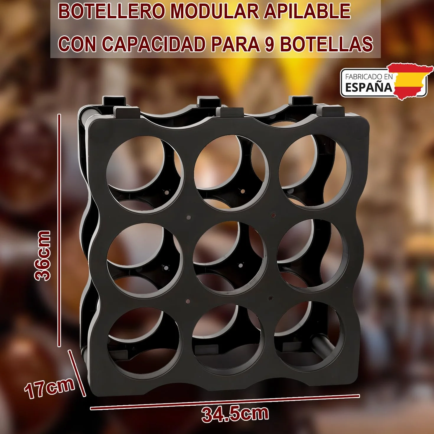 Soporte para Botellero Modular de Plástico Apilable para 9 Botellas, Estanterías para Botellas de Vino, Estante de Almacenamiento para Exhibición de Vinos, Ideal para Hogar, Bar y Bodegas
