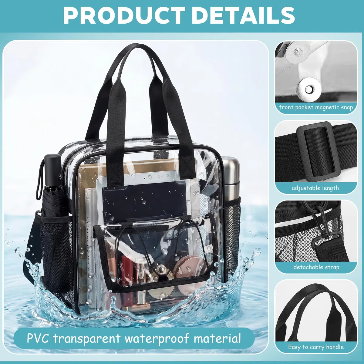 Bolso Transparente Mujer Trabajo PVC Bolso Bandolera Transparente Impermeable Bolso de Mano Transparente para Estadios (30x30x13cm)