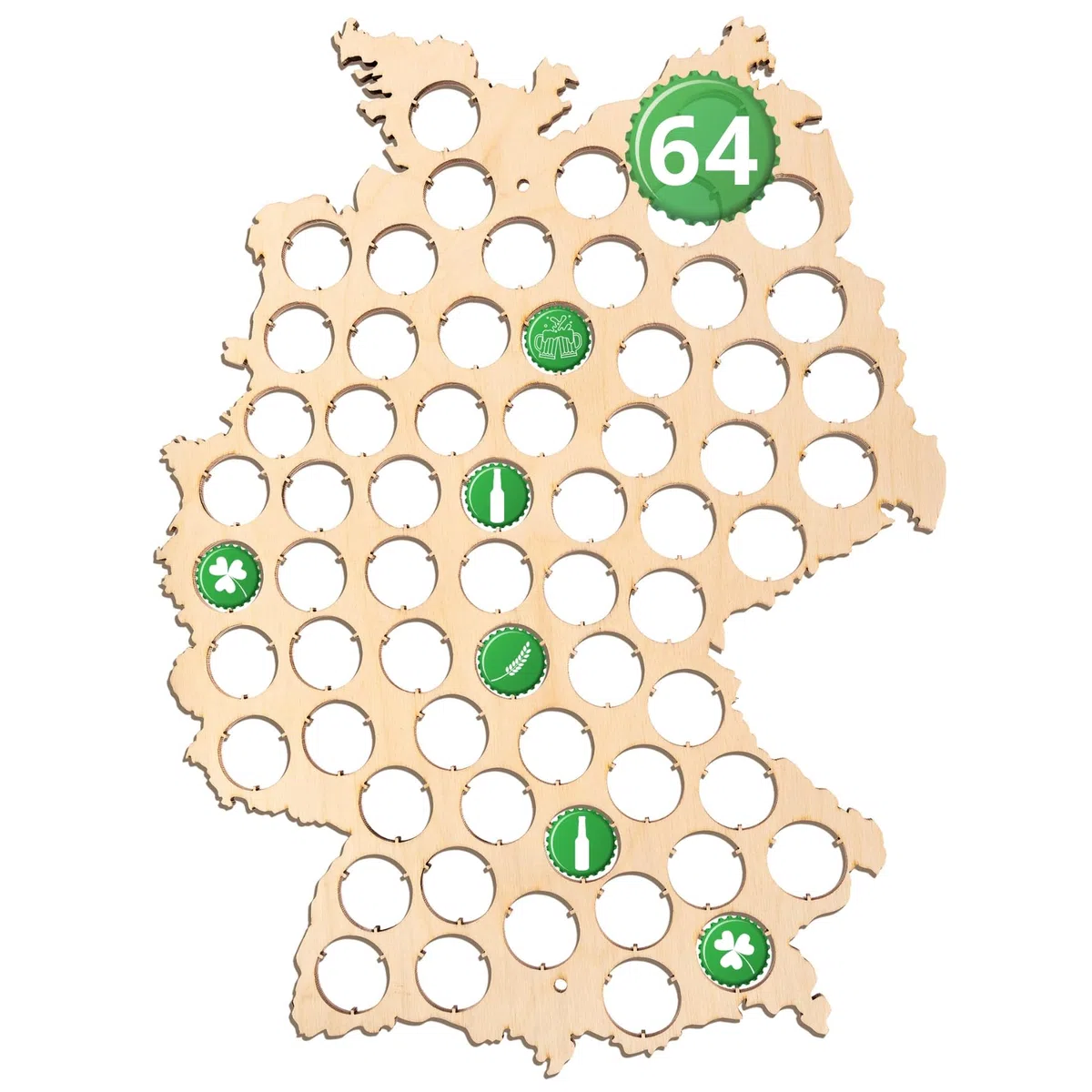 Creative Deco Mapa de Alemania de Contrachapado Soporte para Chapas de Cerveza | 32,5x44x0,5cm | Colección de 64 Tapones de Botellas | Decoración de Pared Artesanal | Regalo para Amantes de la Cerveza