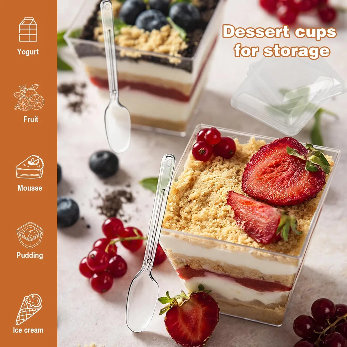 50 Vasos Postre con Cucharas,5OZ/160ML Vasos Postre Plástico Cuadrados,Reutilizables Copas Postre con Tapa,Transparentes Para Mousse Pudín Helado Buffet Fiesta Cumpleaños Picnic