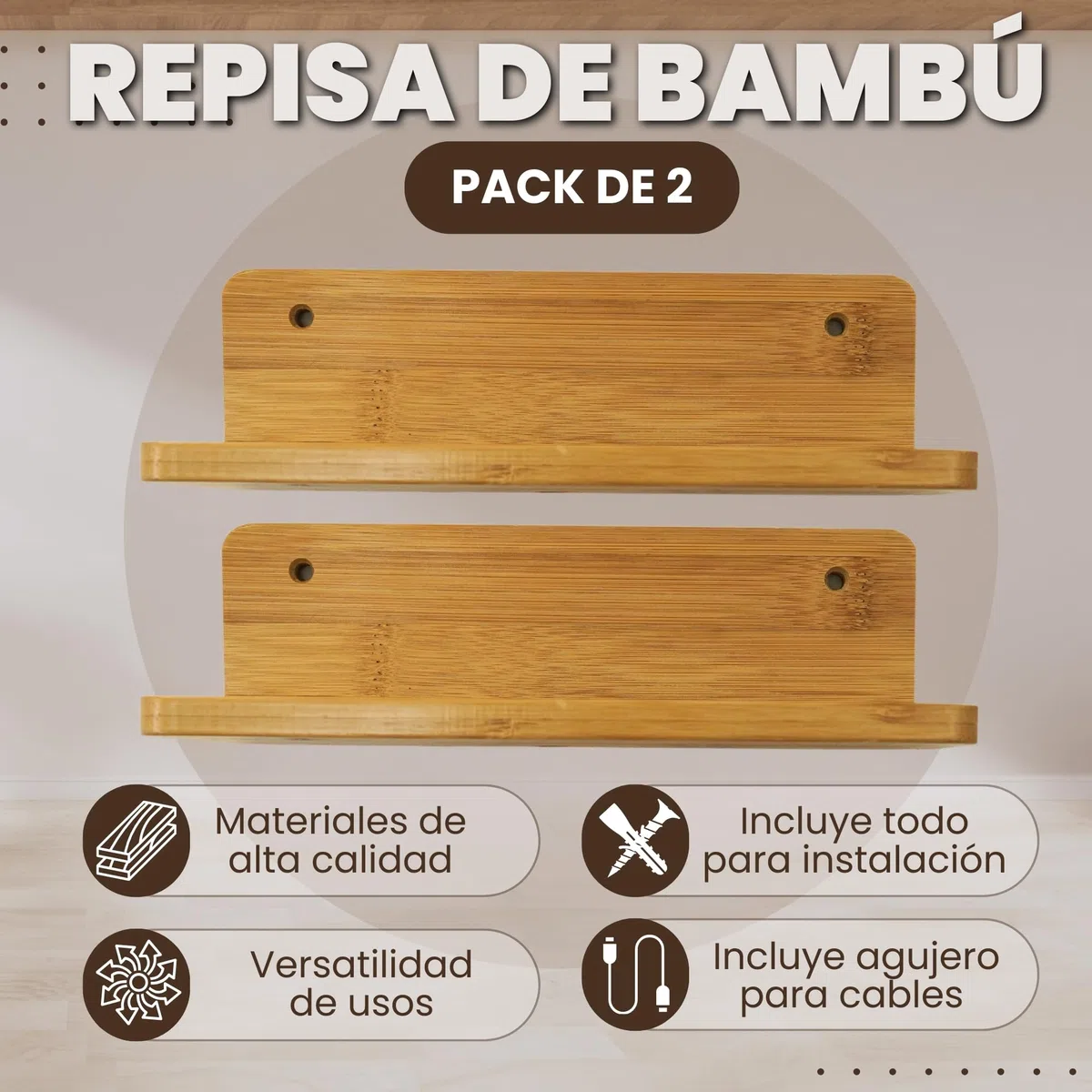 ️ 2 Baldas de Pared Sin Agujeros de Madera Bambu Pequeñas + 2 Adhesivos + 4 Tornillos con Tacos + 4 Clips Recoge Cables | Repisas de Pared sin Taladro | Estanteria Sin Agujeros (22 x 9,5 cm)