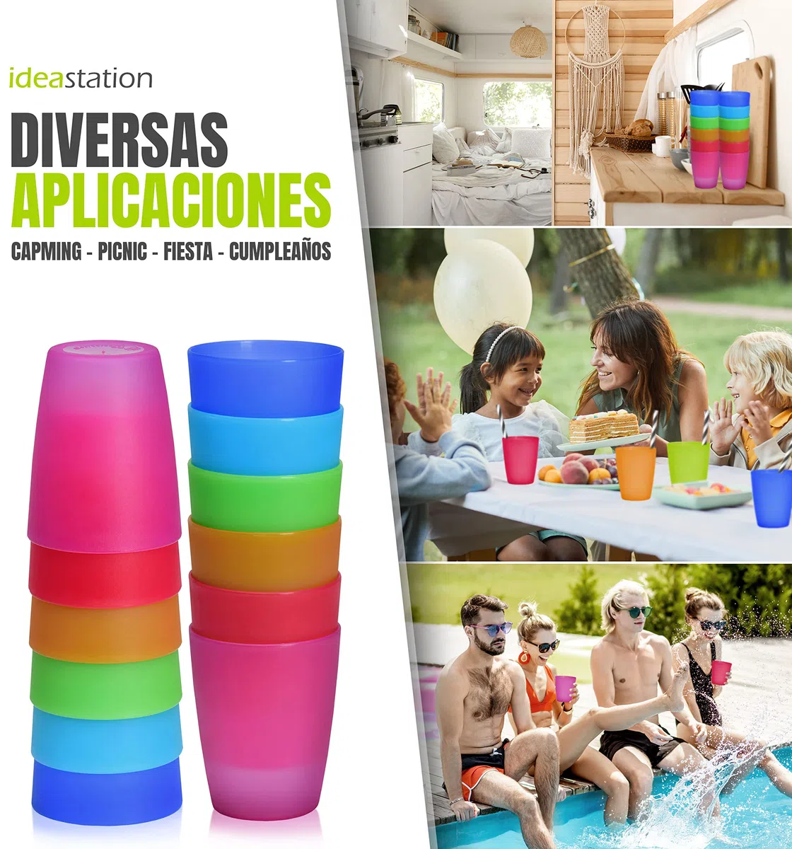 Neo vasos plastico duro 12 x 250 ml - colores - el juego de vasos irrompibles es perfecto para fiestas y uso al aire libre - ideal como vaso camping para viajes